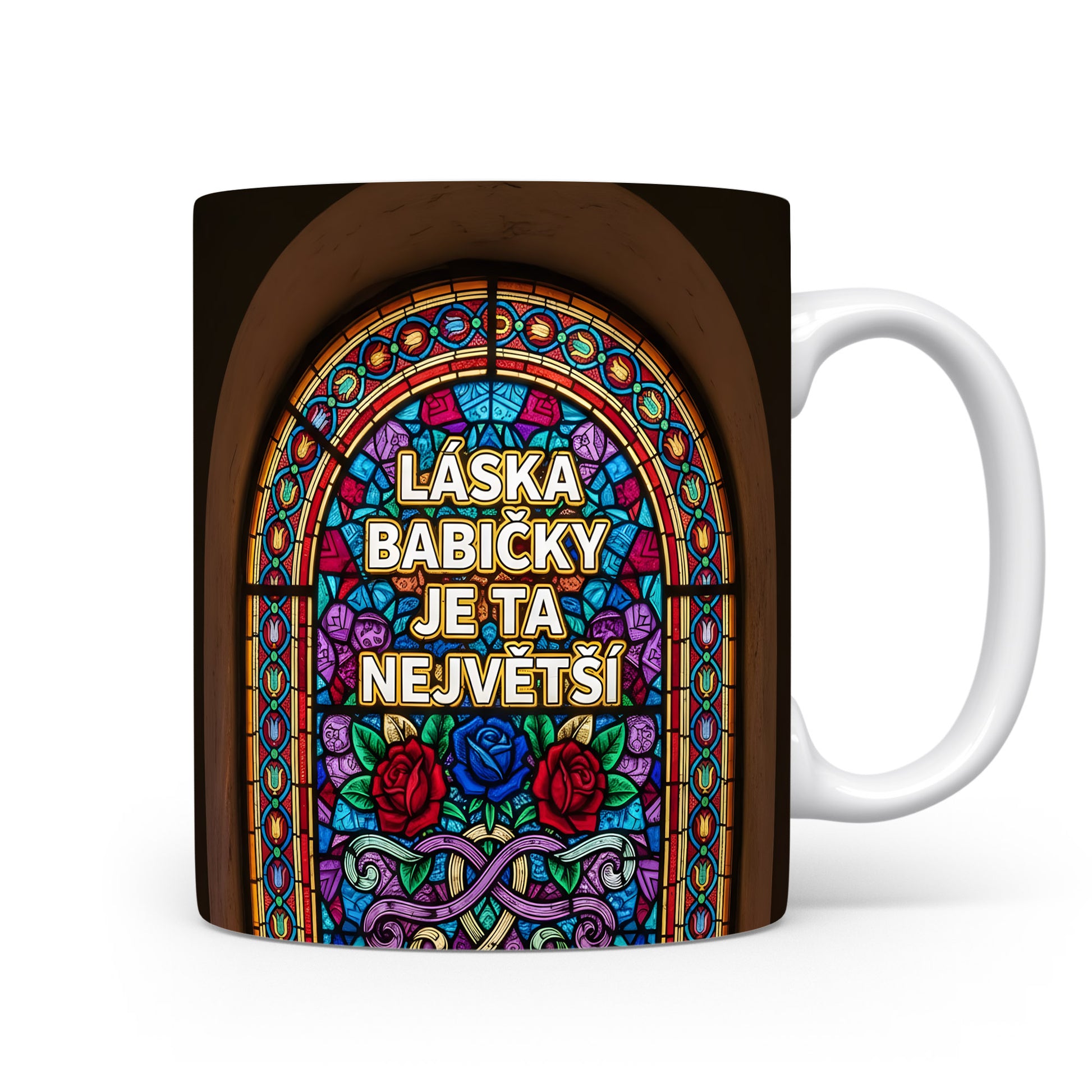 Hrnek s vitrážovým designem a květinovými ornamenty.