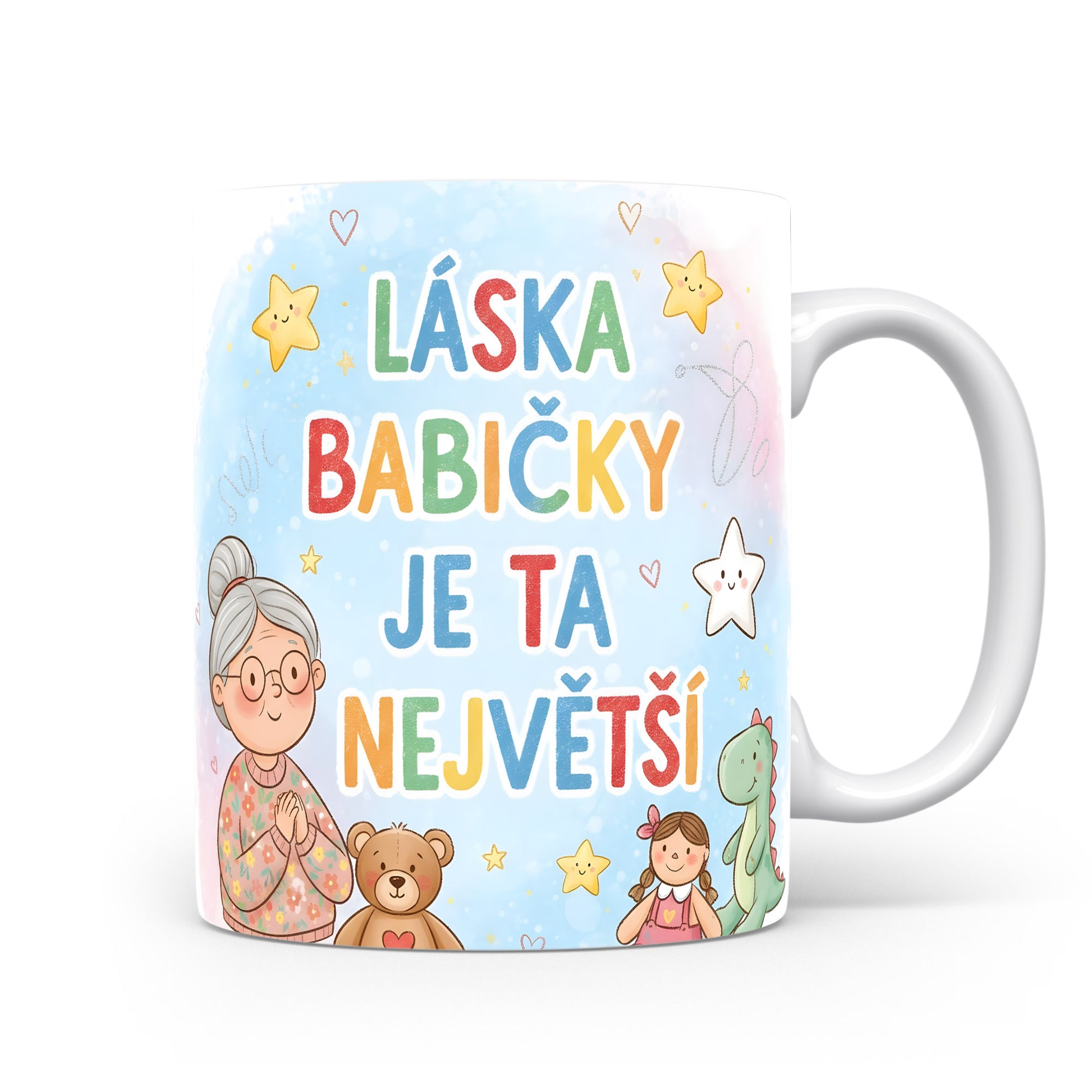 Hravý hrnek s nápisem LÁSKA BABIČKY JE TA NEJVĚTŠÍ a barevnými hvězdami.
