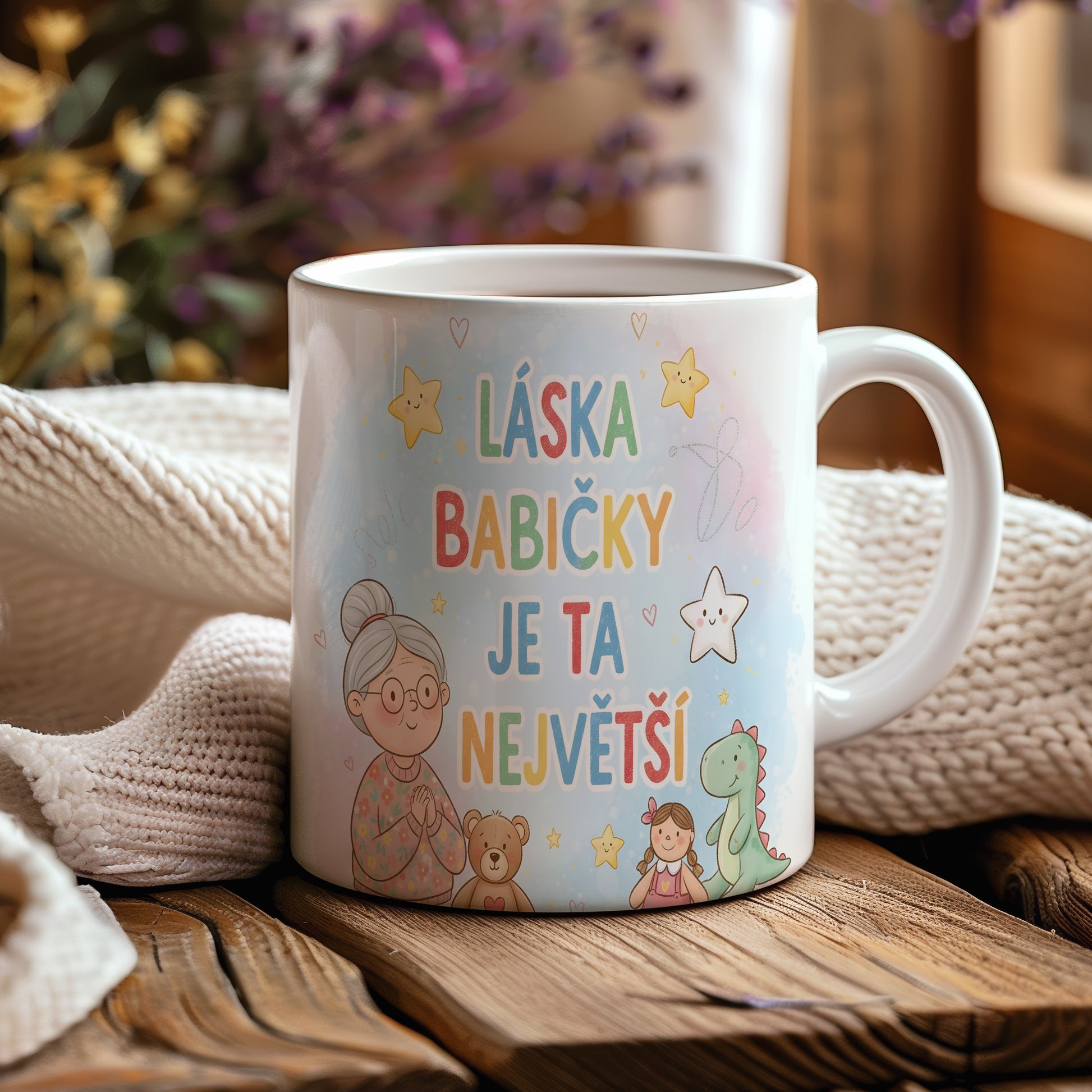 Hravý hrnek s nápisem LÁSKA BABIČKY JE TA NEJVĚTŠÍ a barevnými hvězdami.