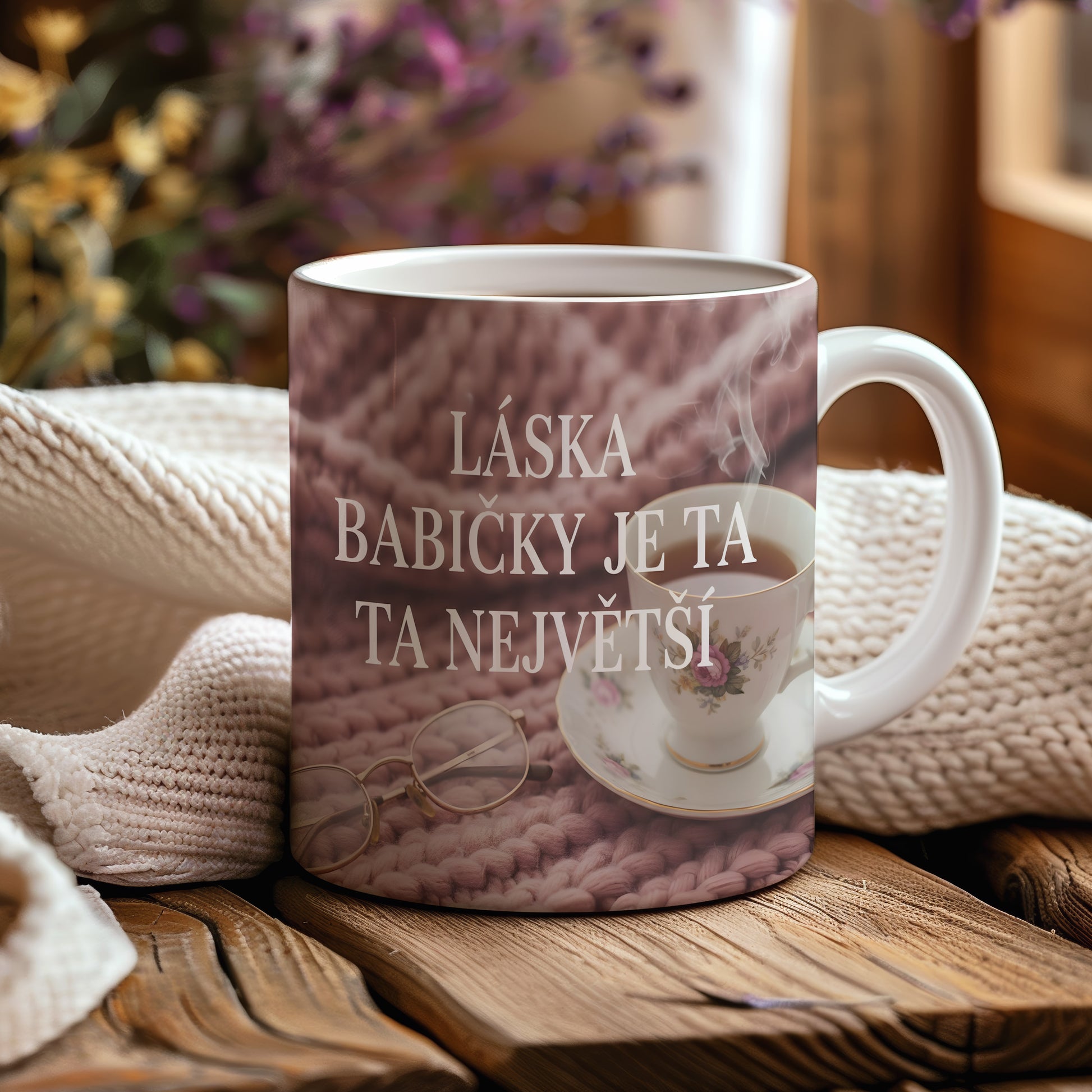 Hrnek s nápisem LÁSKA BABIČKY JE TA NEJVĚTŠÍ na růžovém pleteném pozadí.