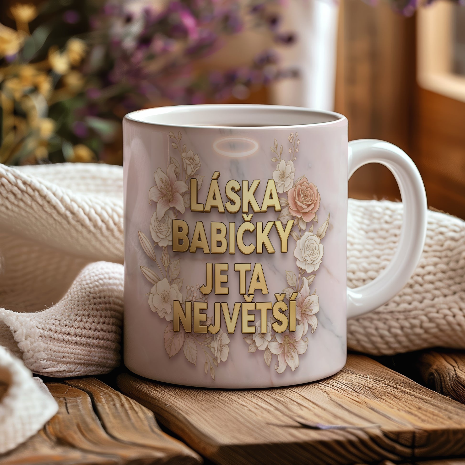 Hrnek s nápisem LÁSKA BABIČKY JE TA NEJVĚTŠÍ na mramorovém pozadí s květinami.