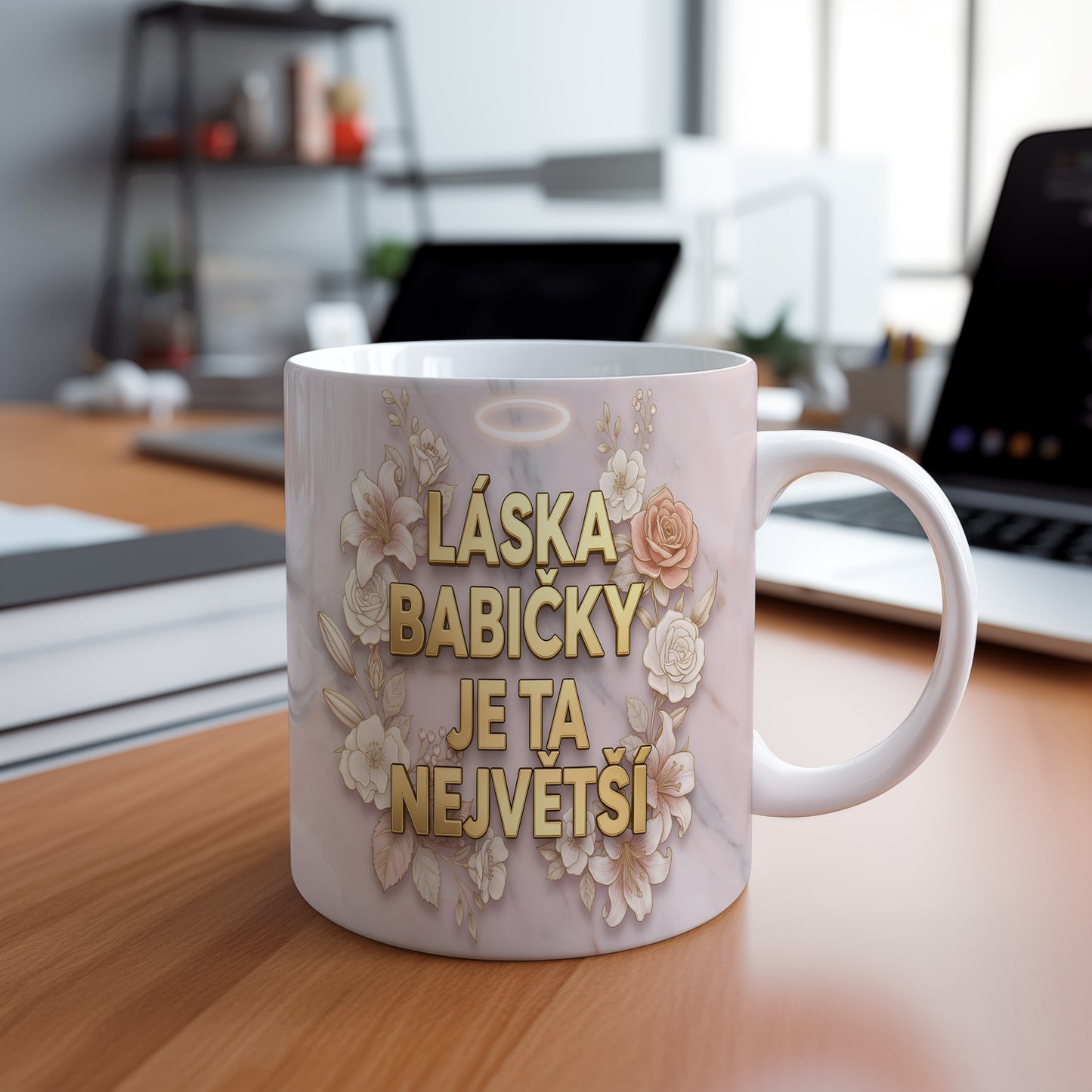 Hrnek s nápisem LÁSKA BABIČKY JE TA NEJVĚTŠÍ na mramorovém pozadí s květinami.