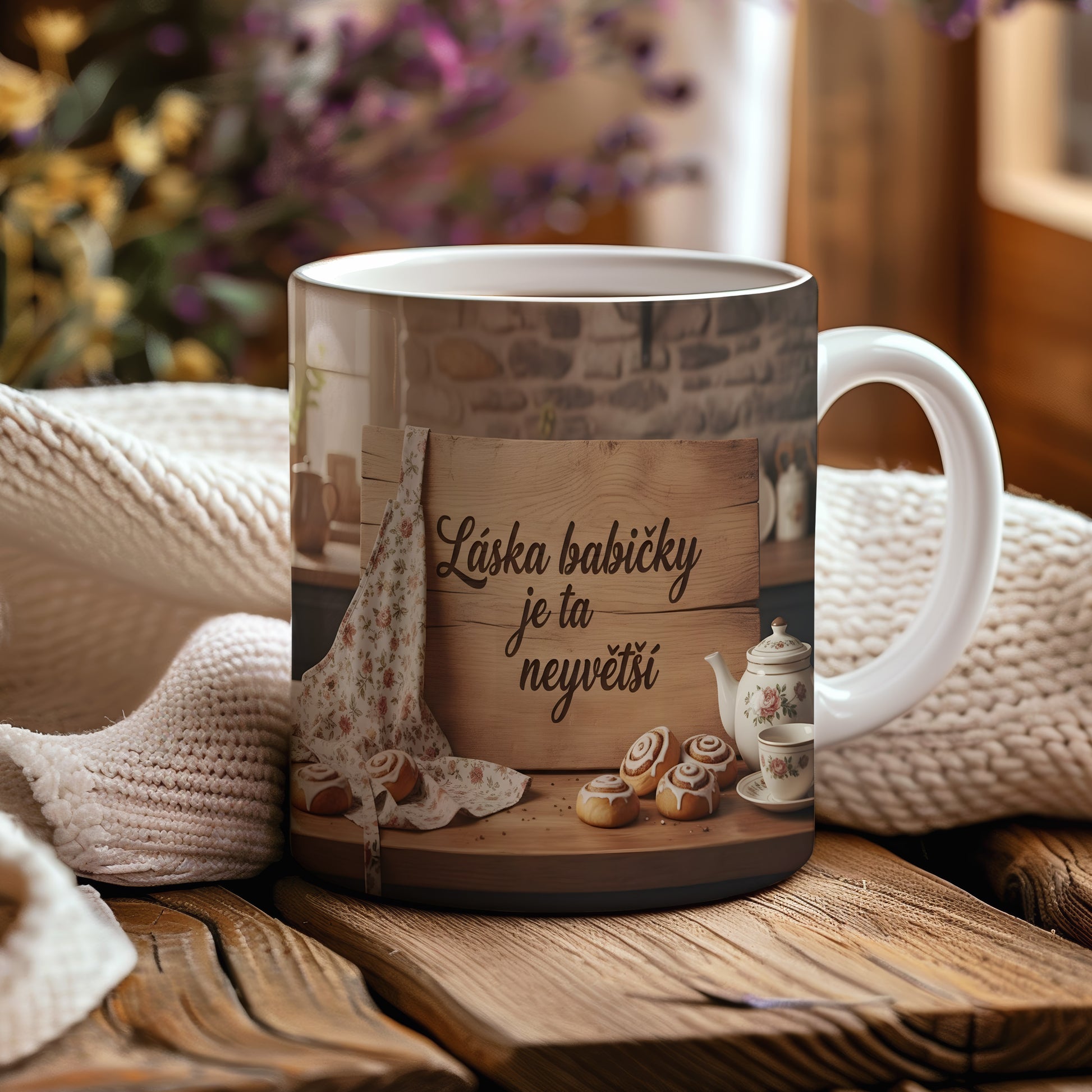 Hrnek s nápisem Láska babičky je ta největší na dřevěném pozadí s koláčky.