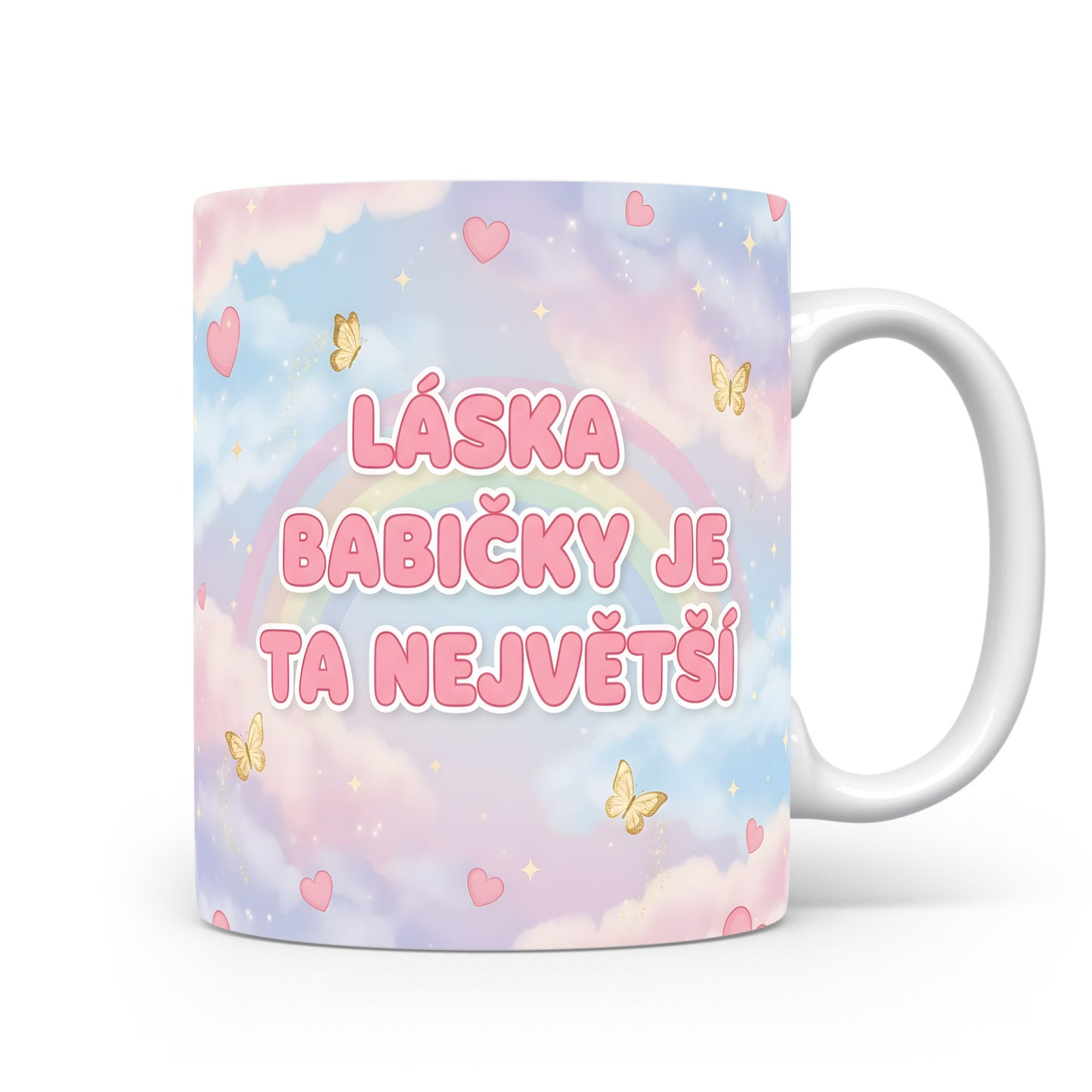 Hrnek s pastelovými barvami, srdci a motýly.