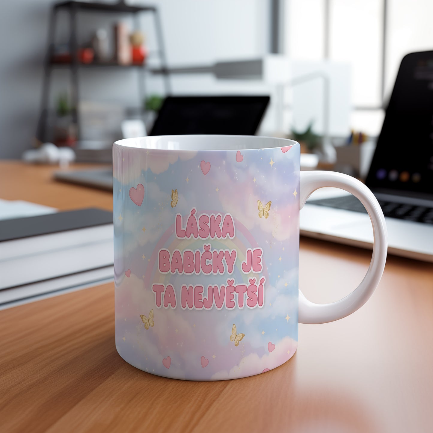 Hrnek s pastelovými barvami, srdci a motýly.