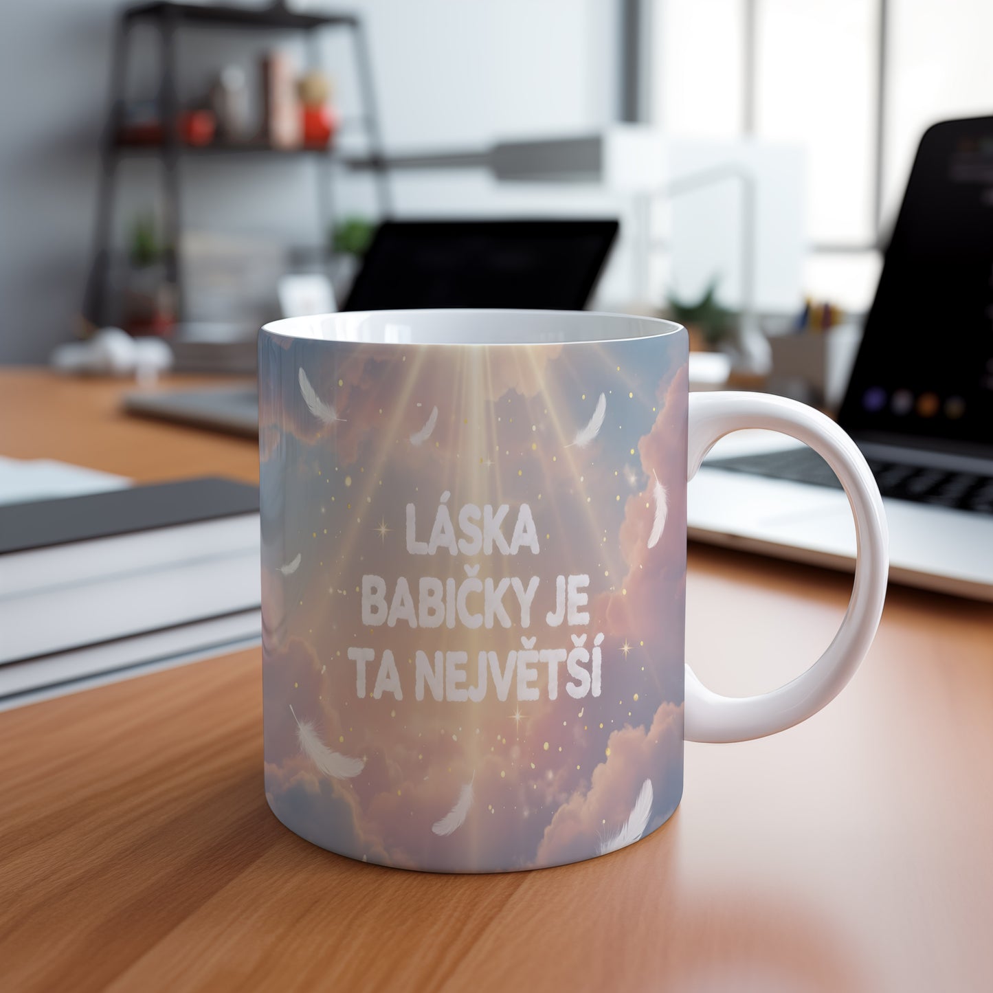 Hrnek s pastelovým motivem peříček a hvězd.