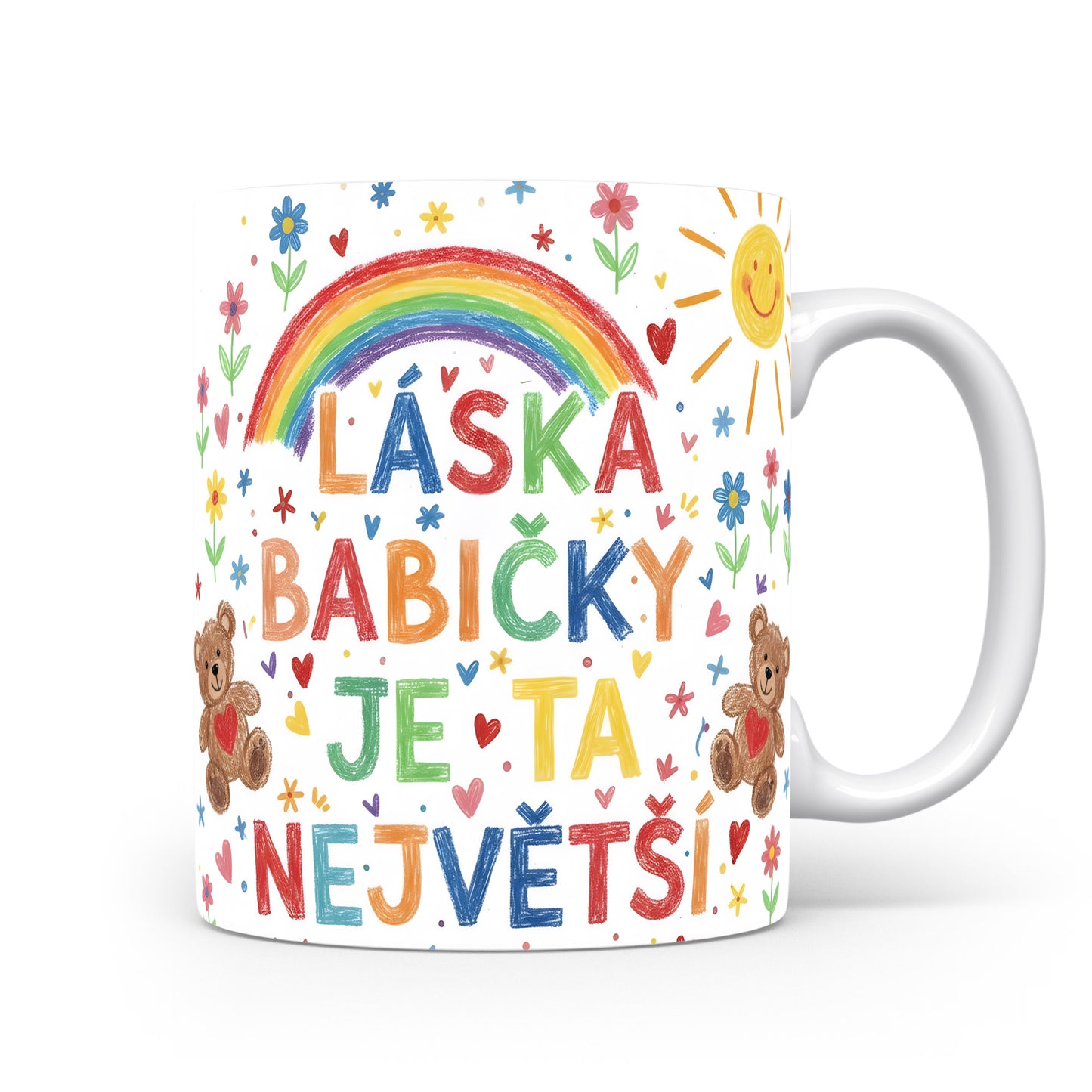 Hrnek s duhou, medvídky, květinami a nápisem LÁSKA BABIČKY JE TA NEJVĚTŠÍ!