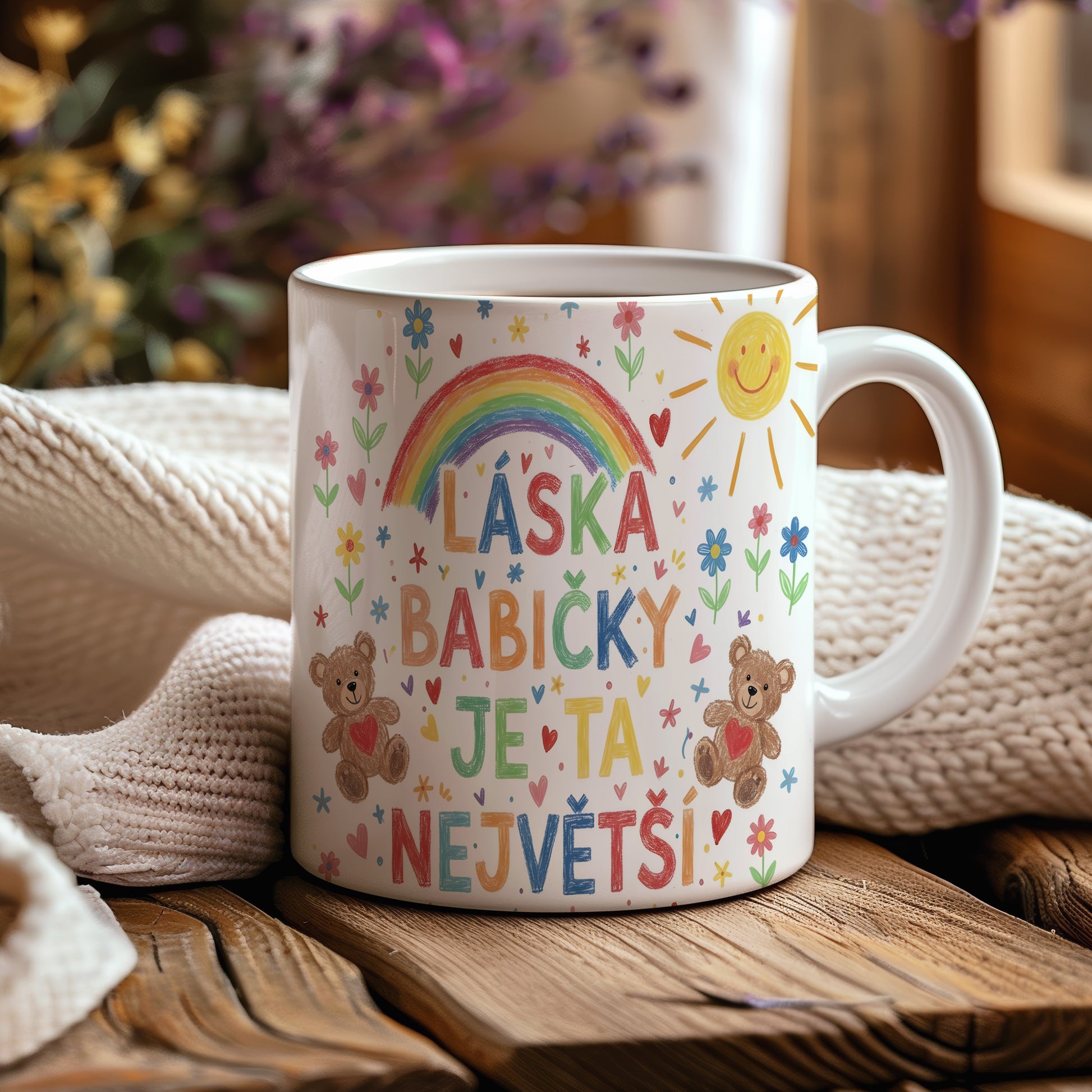 Hrnek s duhou, medvídky, květinami a nápisem LÁSKA BABIČKY JE TA NEJVĚTŠÍ!