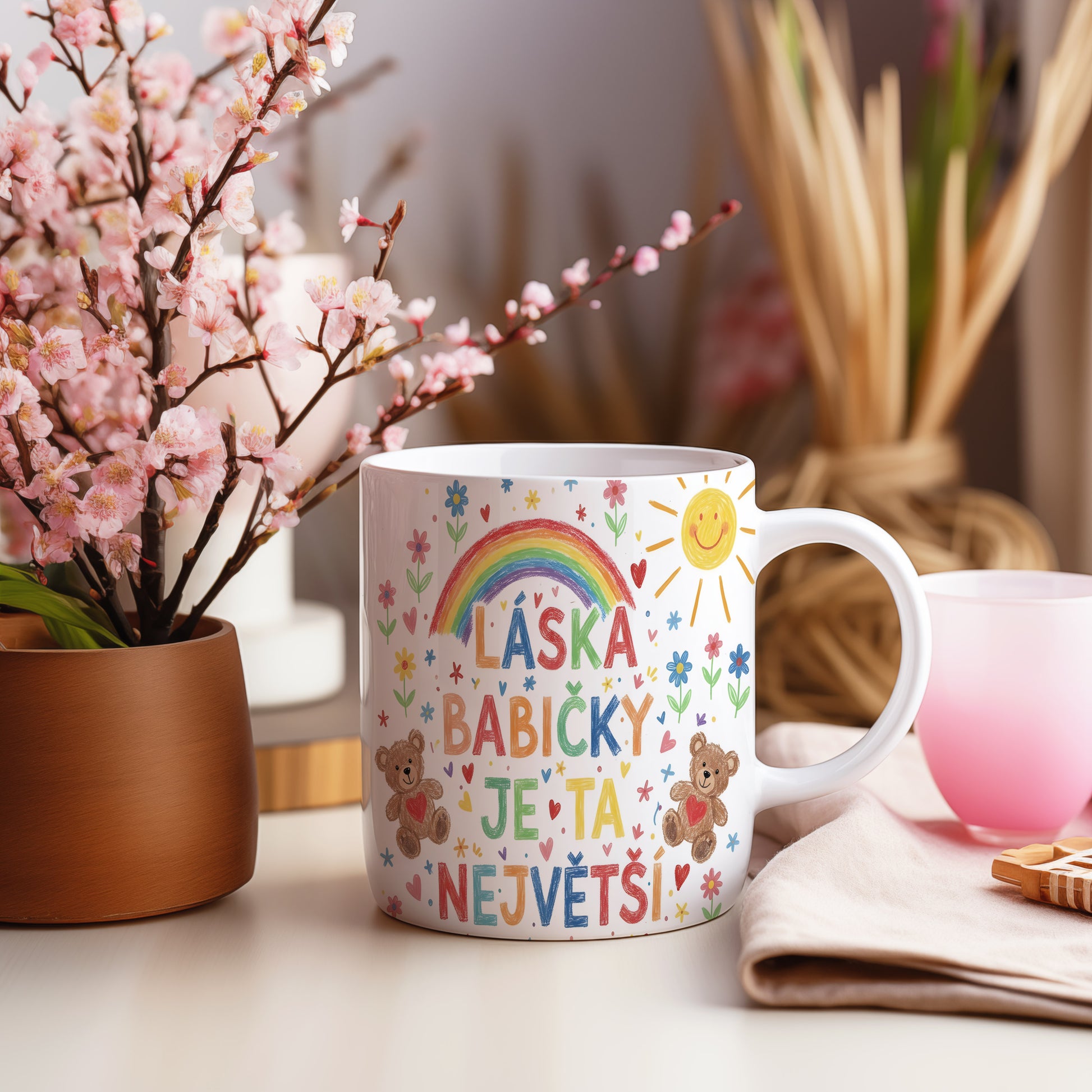 Hrnek s duhou, medvídky, květinami a nápisem LÁSKA BABIČKY JE TA NEJVĚTŠÍ!