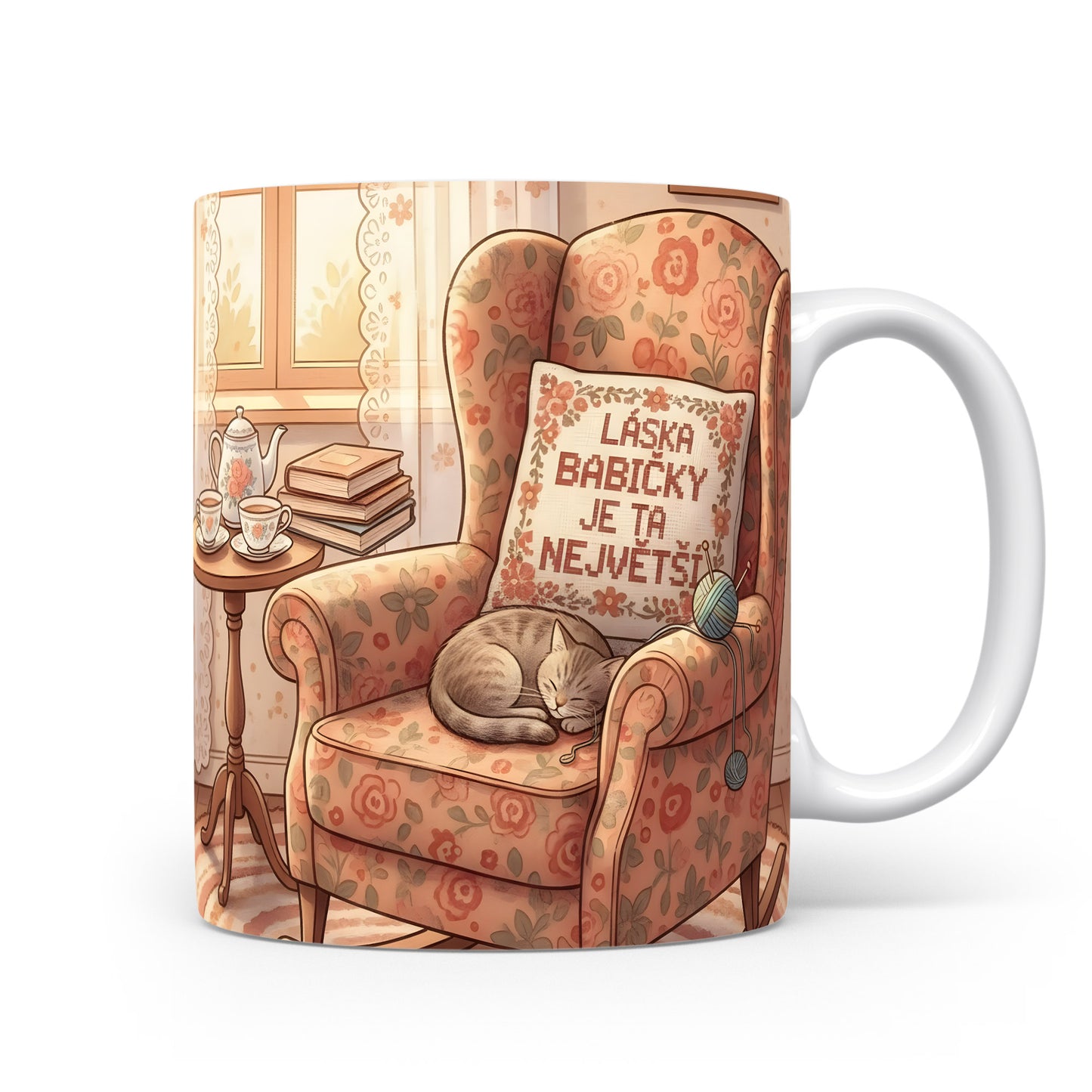 Hrnek s vintage květinovým motivem a nápisem LÁSKA BABIČKY JE TA NEJVĚTŠÍ.