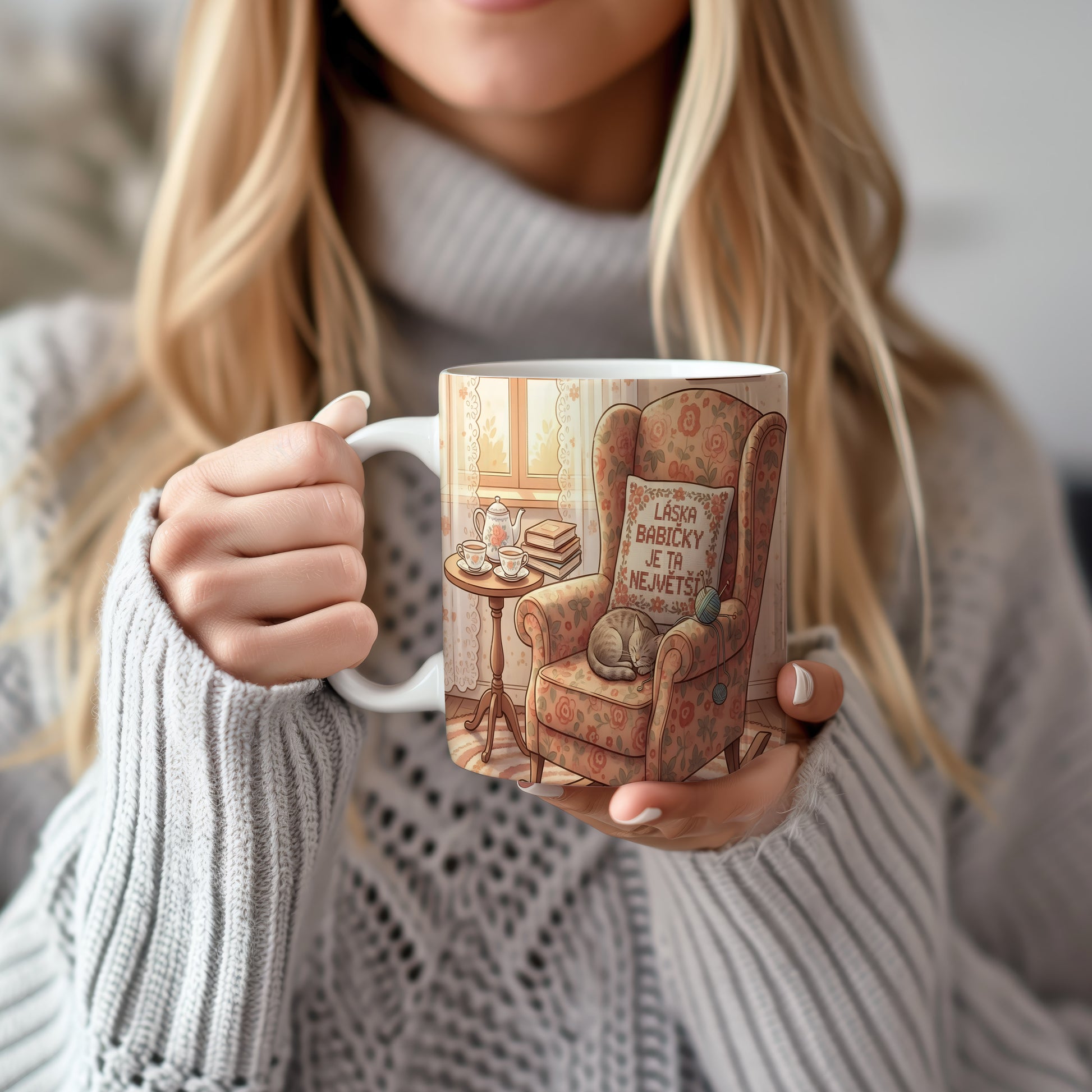 Hrnek s vintage květinovým motivem a nápisem LÁSKA BABIČKY JE TA NEJVĚTŠÍ.