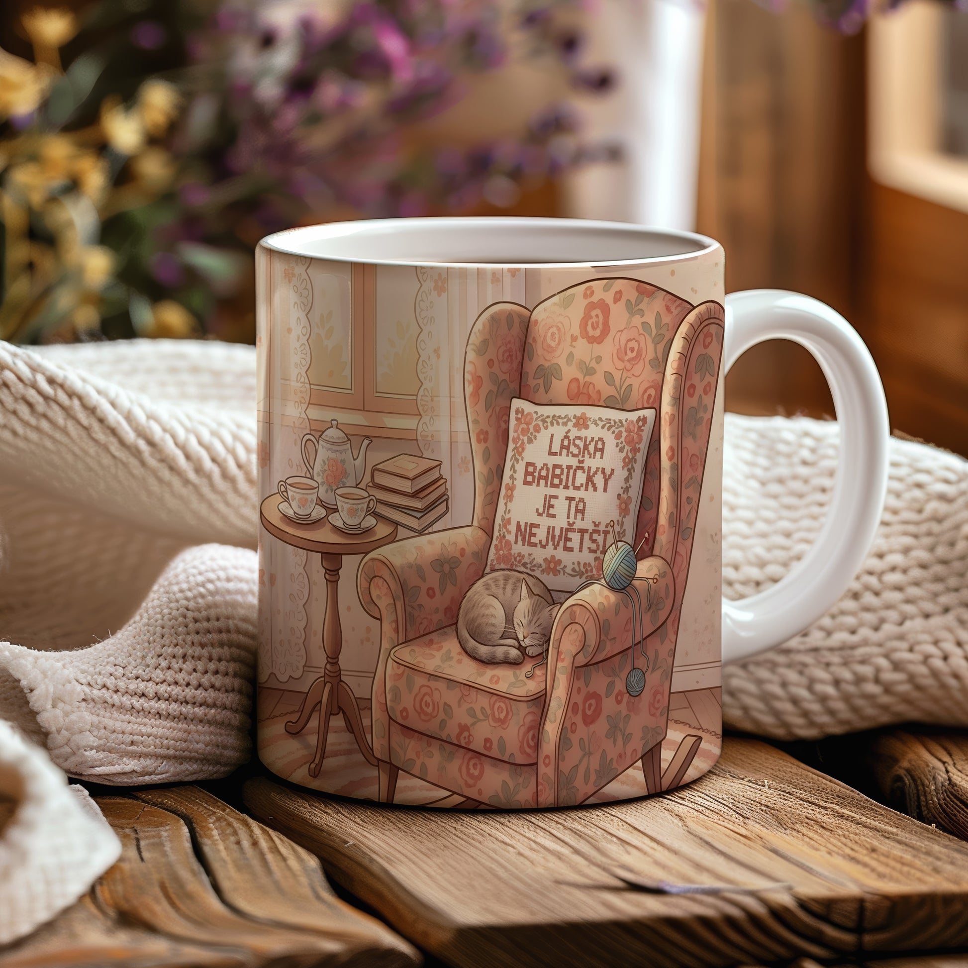 Hrnek s vintage květinovým motivem a nápisem LÁSKA BABIČKY JE TA NEJVĚTŠÍ.