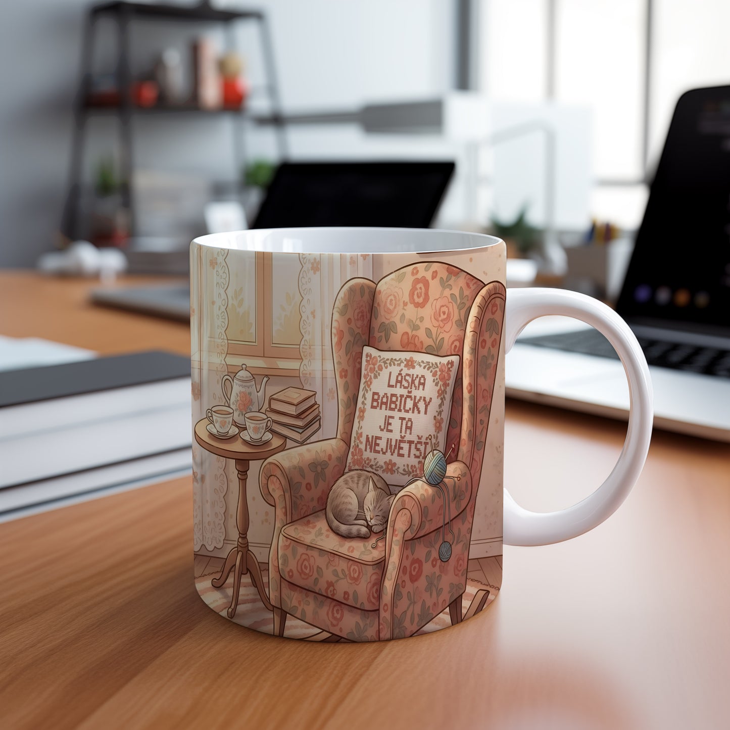 Hrnek s vintage květinovým motivem a nápisem LÁSKA BABIČKY JE TA NEJVĚTŠÍ.