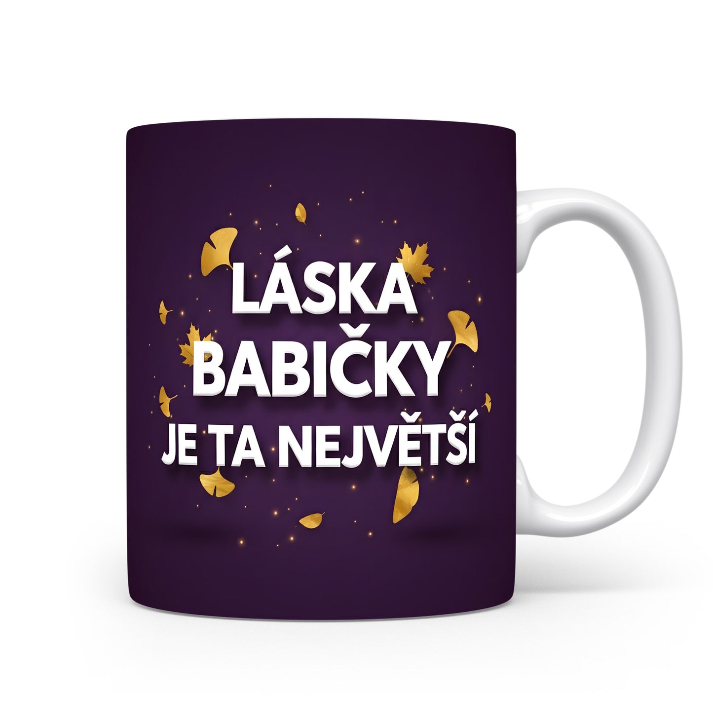 Fialový hrnek se zlatými listy a nápisem LÁSKA BABIČKY JE TA NEJVĚTŠÍ.