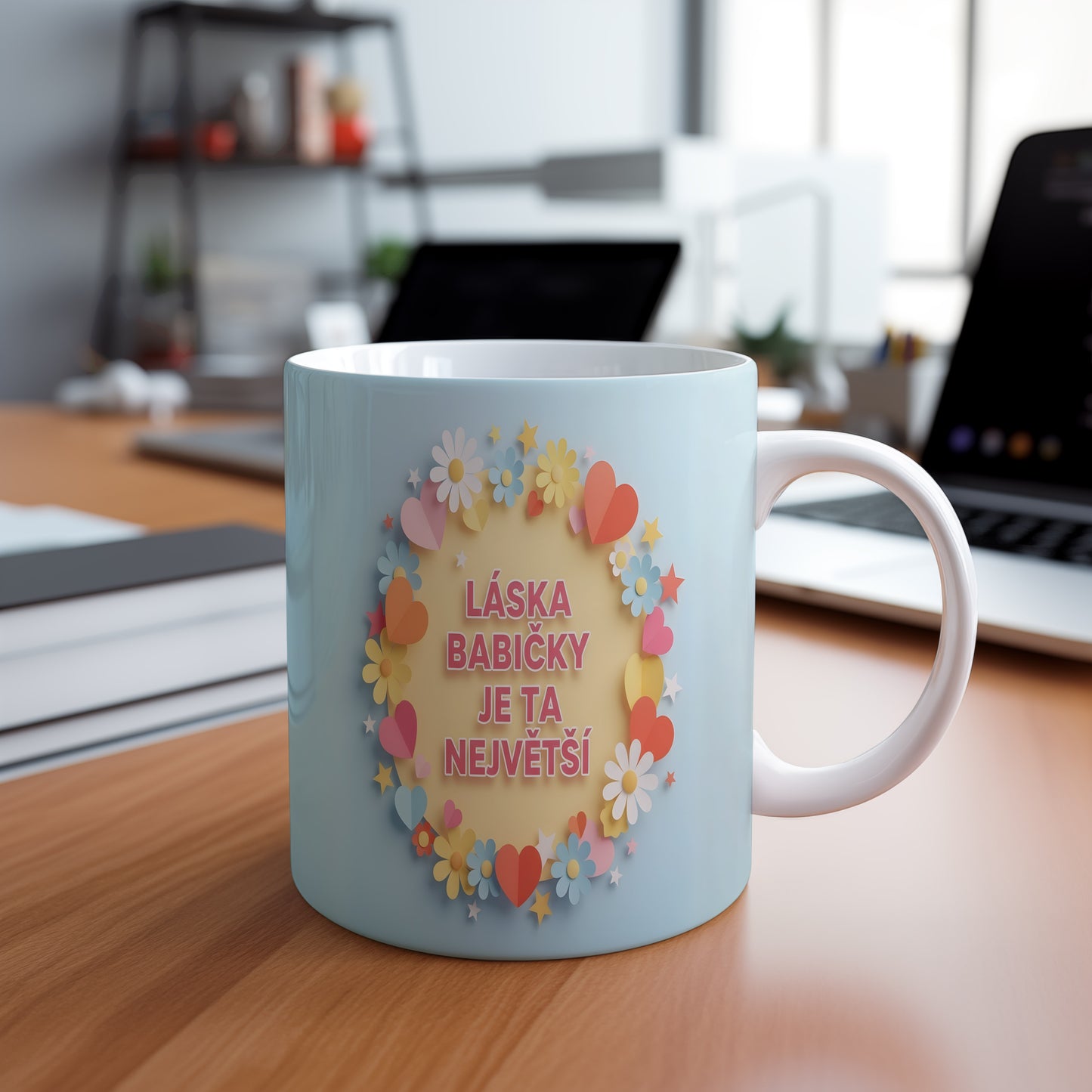 Hrnek s pastelovými květy a srdíčky na světle modrém pozadí.