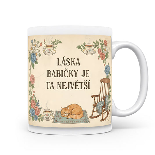 Hrnek s vintage květinami, kočkou a houpacím křeslem.