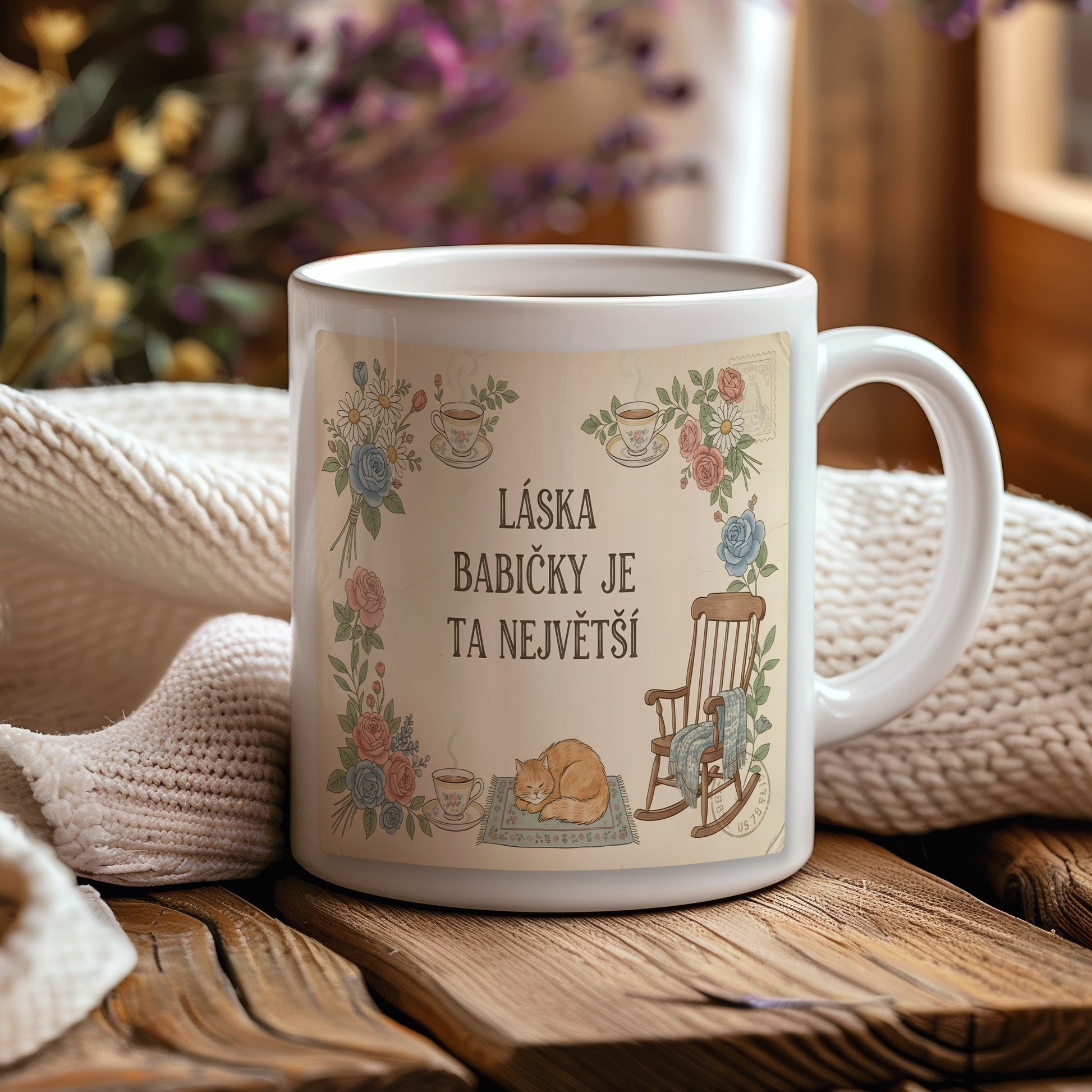 Hrnek s vintage květinami, kočkou a houpacím křeslem.