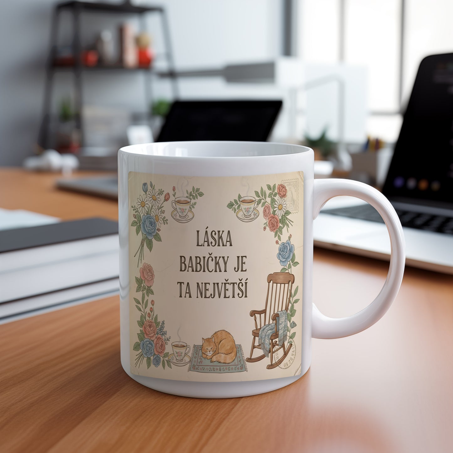Hrnek s vintage květinami, kočkou a houpacím křeslem.