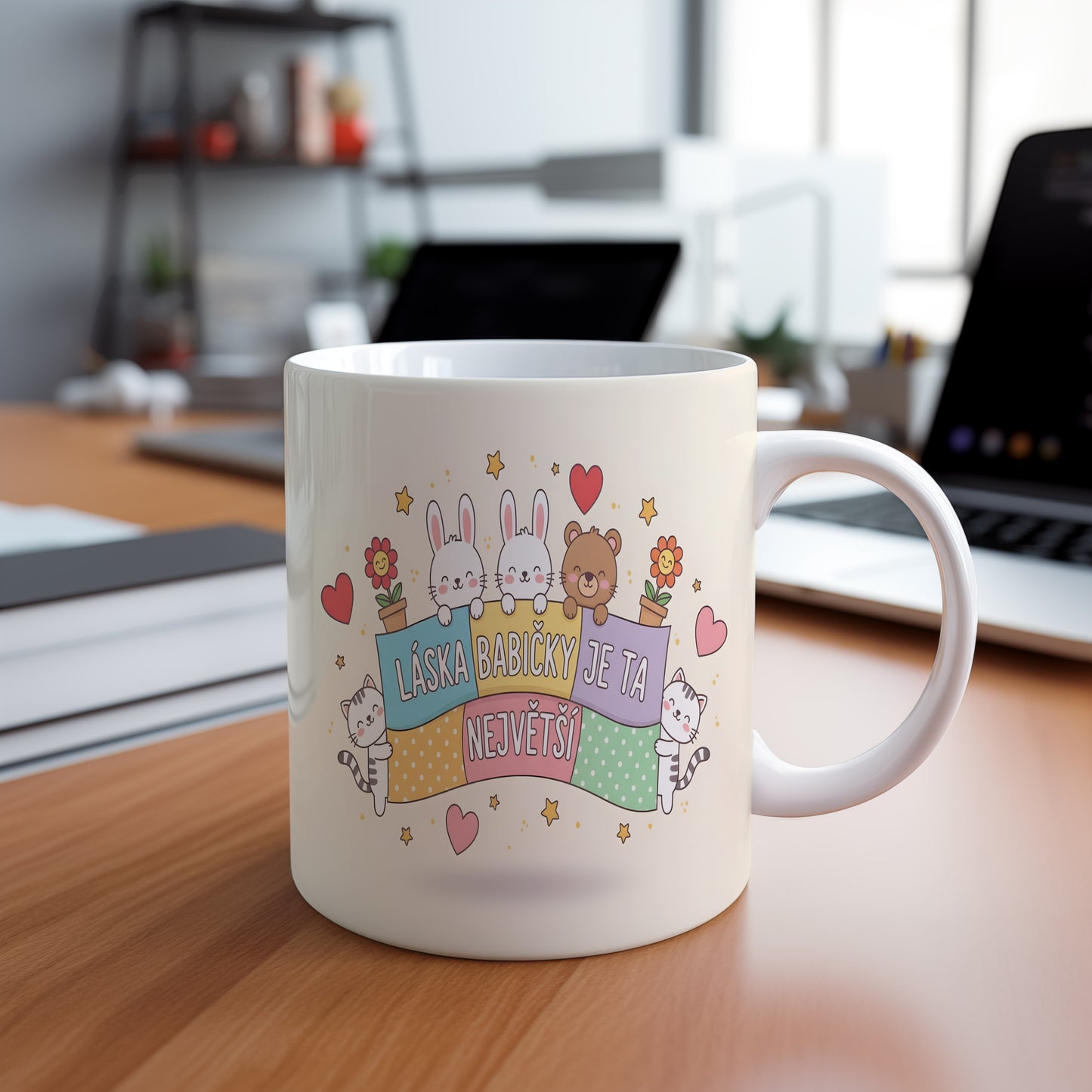 Hrnek s králíčky, medvídkem a nápisem LÁSKA BABIČKY JE TA NEJVĚTŠÍ.