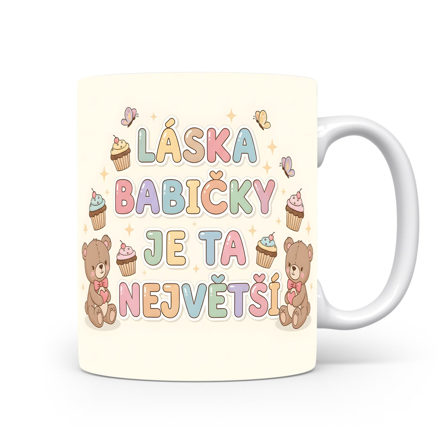 Hrnek s pastelovými medvídky, dortíky a motýlky.