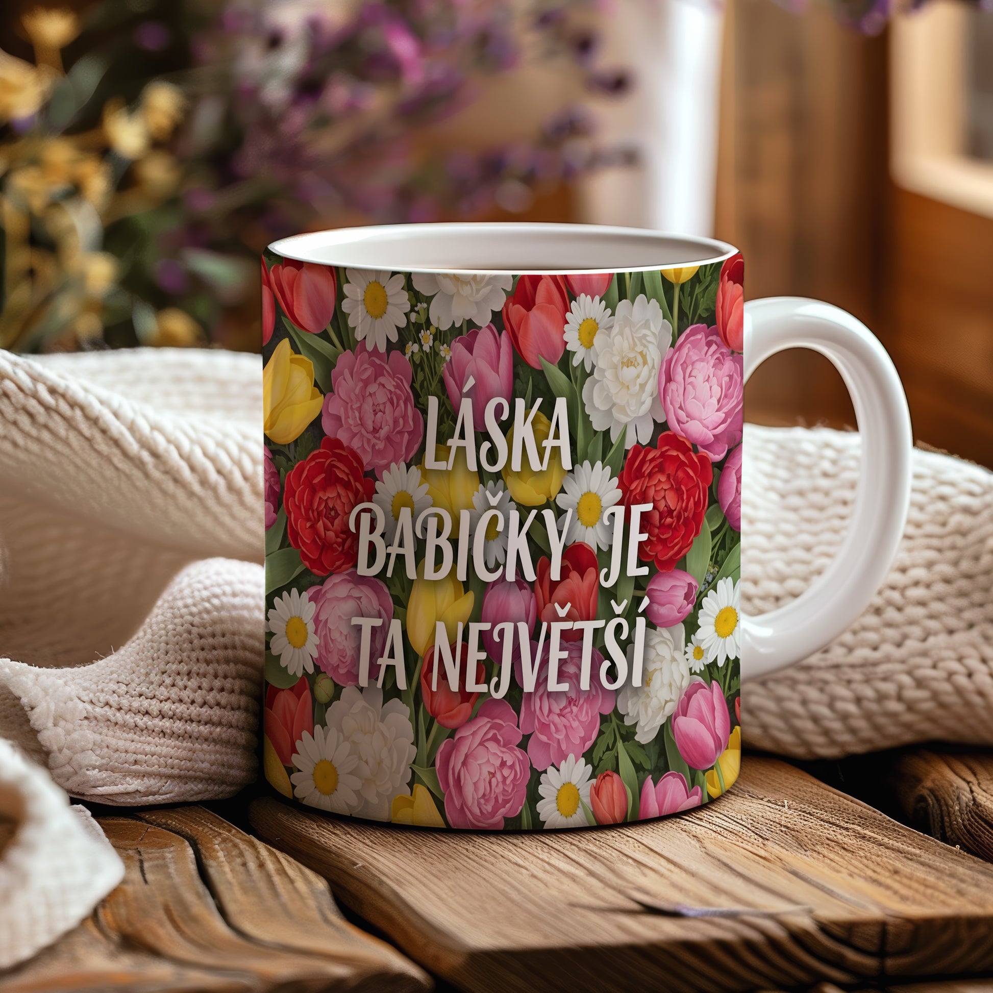 Hrnek s nápisem LÁSKA BABIČKY JE TA NEJVĚTŠÍ a květinovým vzorem.