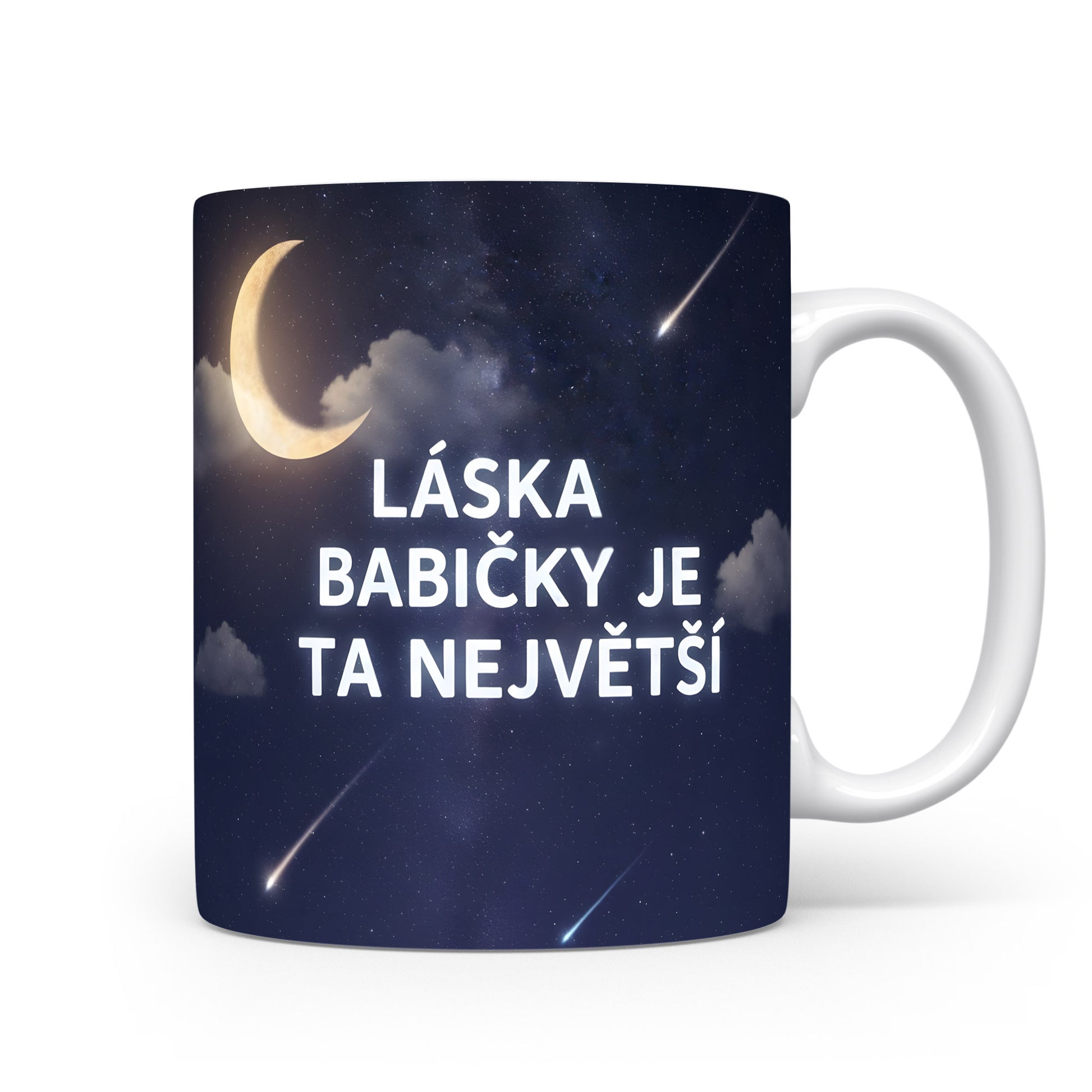 Hvězdná obloha s měsícem a nápisem LÁSKA BABIČKY JE TA NEJVĚTŠÍ.