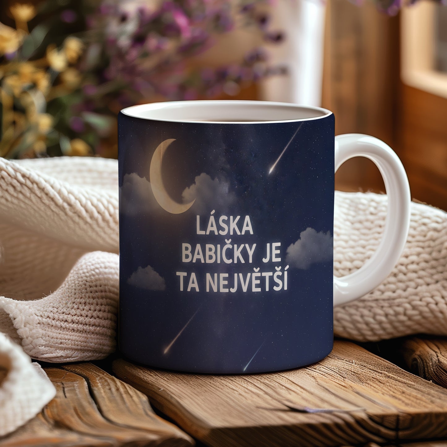 Hvězdná obloha s měsícem a nápisem LÁSKA BABIČKY JE TA NEJVĚTŠÍ.