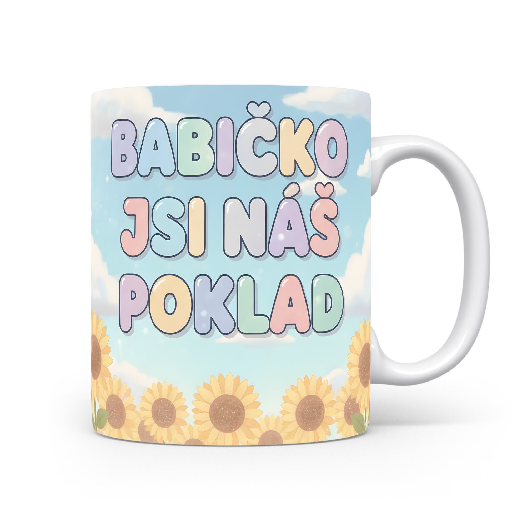 Hrnek s nápisem Babičko jsi náš poklad, pastelové barvy a slunečnice.
