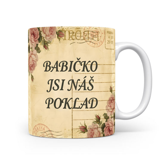 Hrnek s nápisem BABIČKO JSI NÁŠ POKLAD a vintage růžemi.