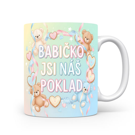 Hrnek s pastelovými medvídky a srdíčky pro babičku.