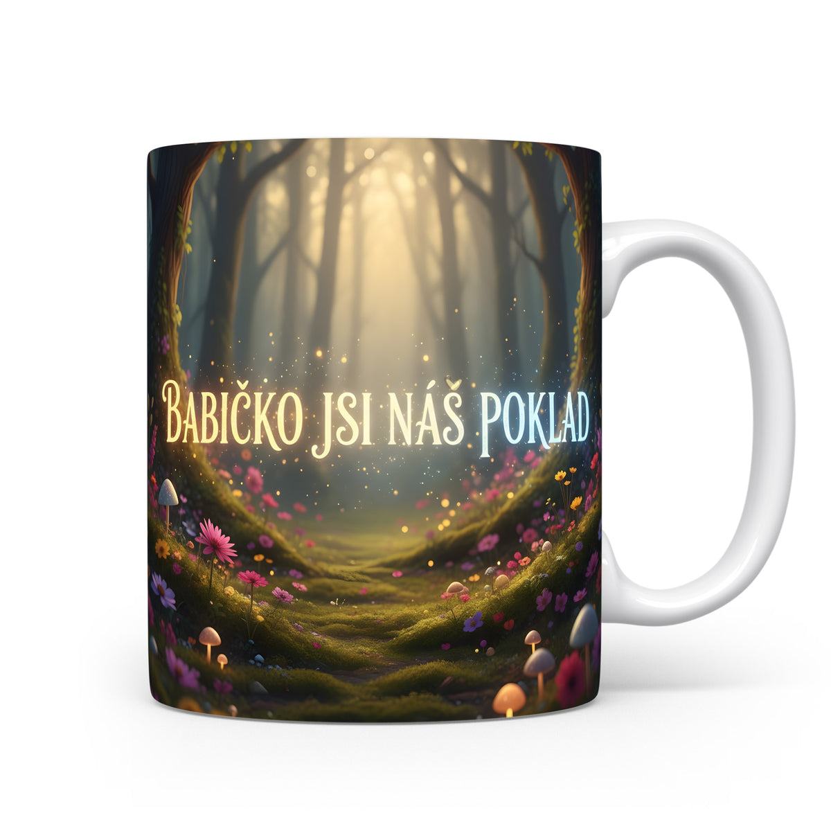 Hrnek s lesním pohádkovým motivem a nápisem Babičko jsi náš poklad.