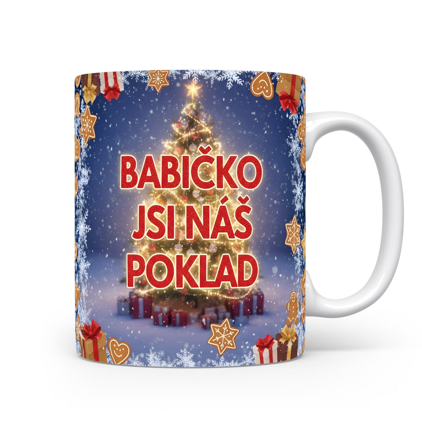 Vánoční hrnek s motivem stromku, sněhových vloček a dárků.