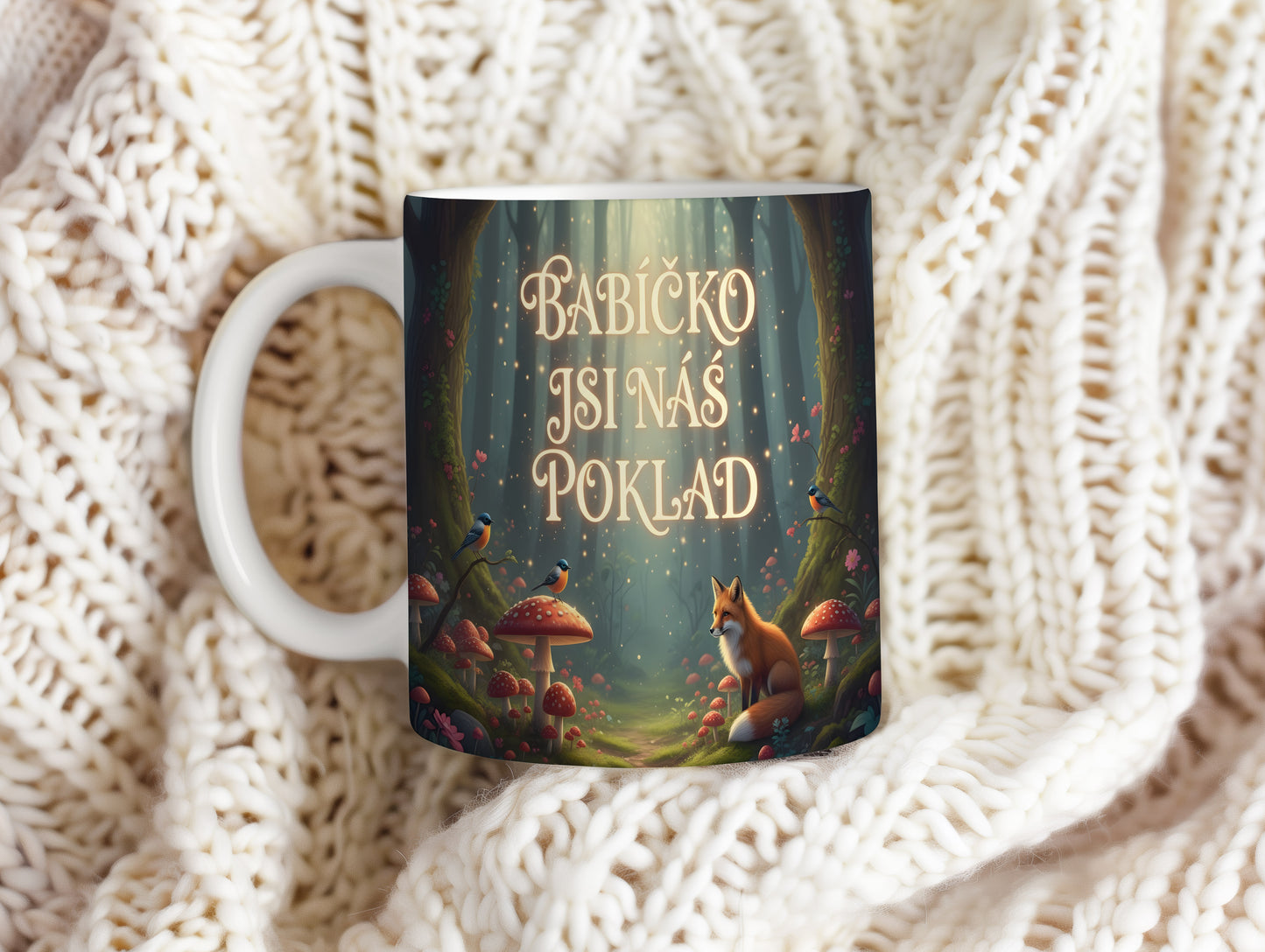 Hrnek s pohádkovým motivem lesa, liškou a ptáčky.