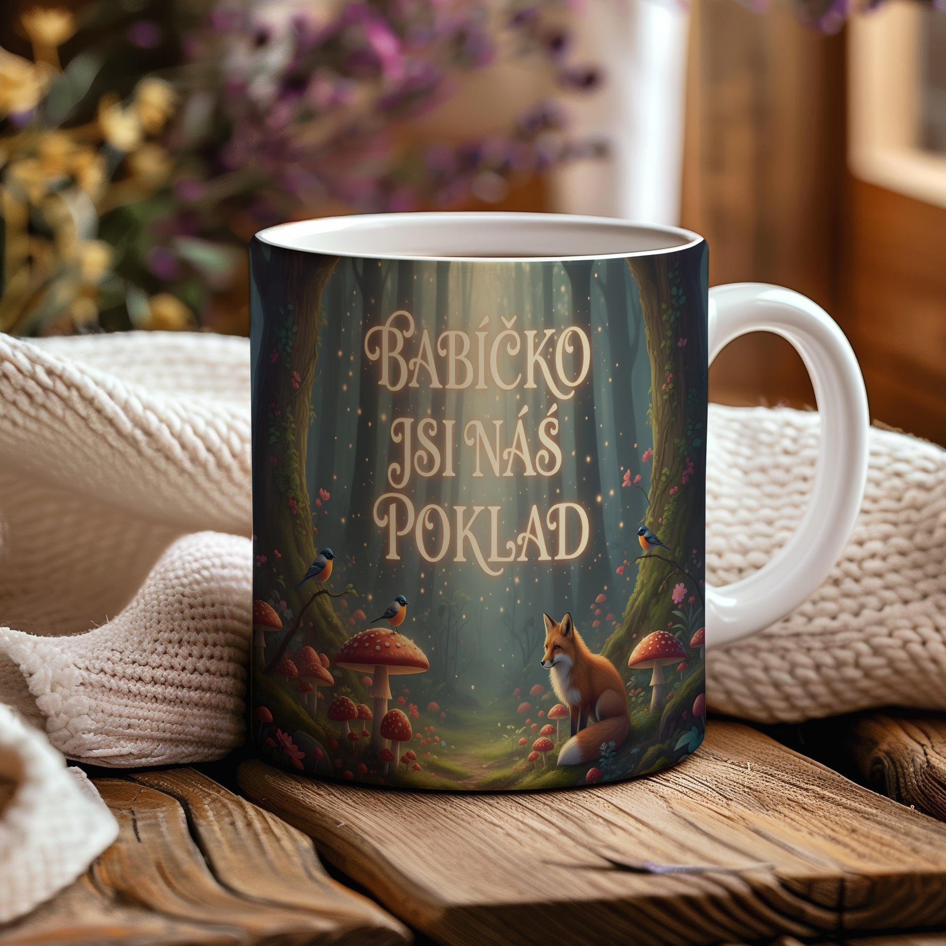 Hrnek s pohádkovým motivem lesa, liškou a ptáčky.