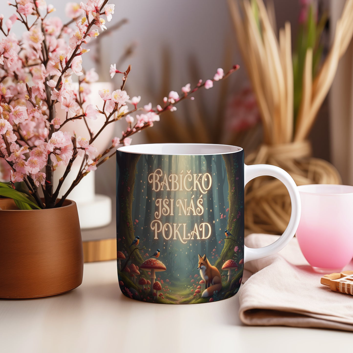 Hrnek s pohádkovým motivem lesa, liškou a ptáčky.