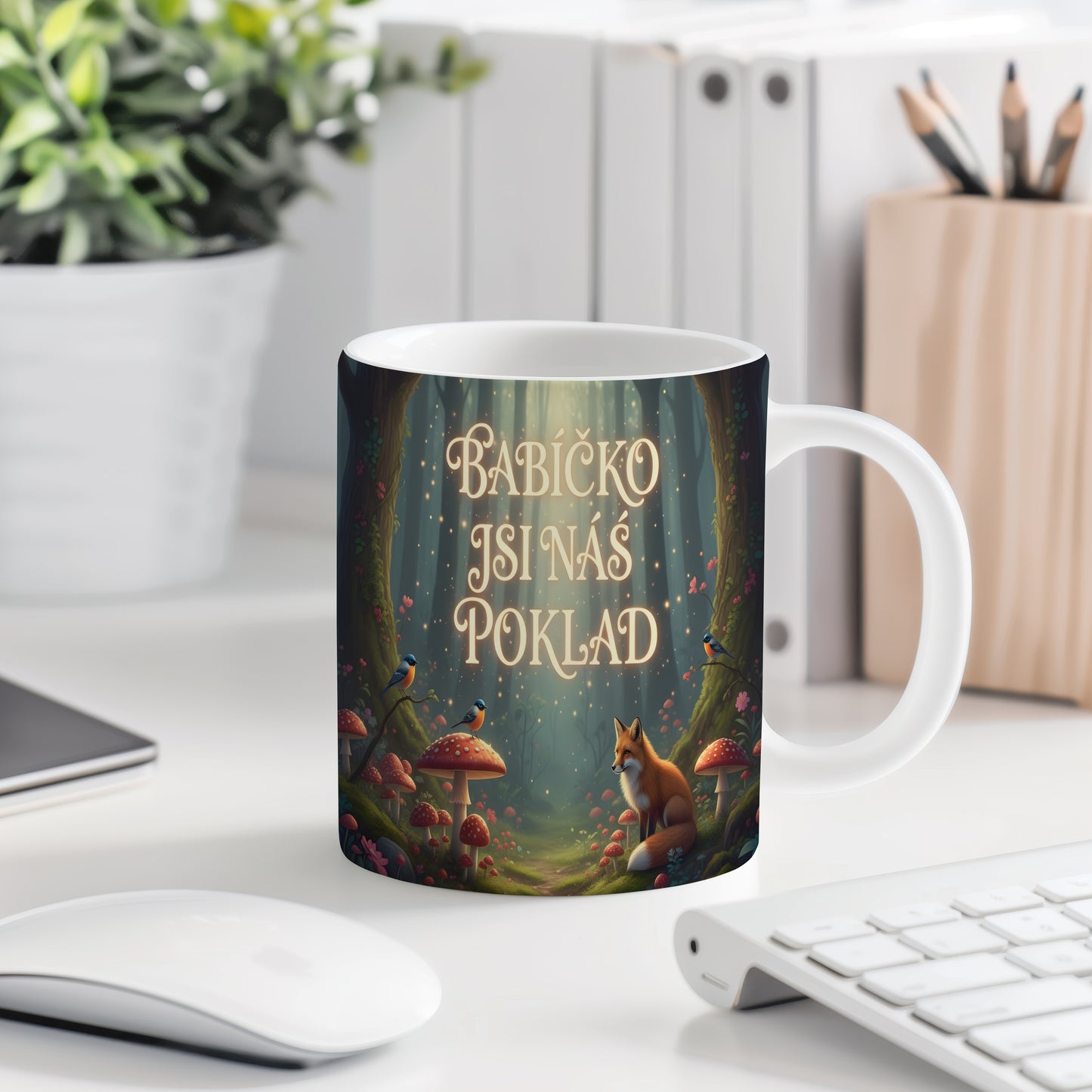 Hrnek s pohádkovým motivem lesa, liškou a ptáčky.