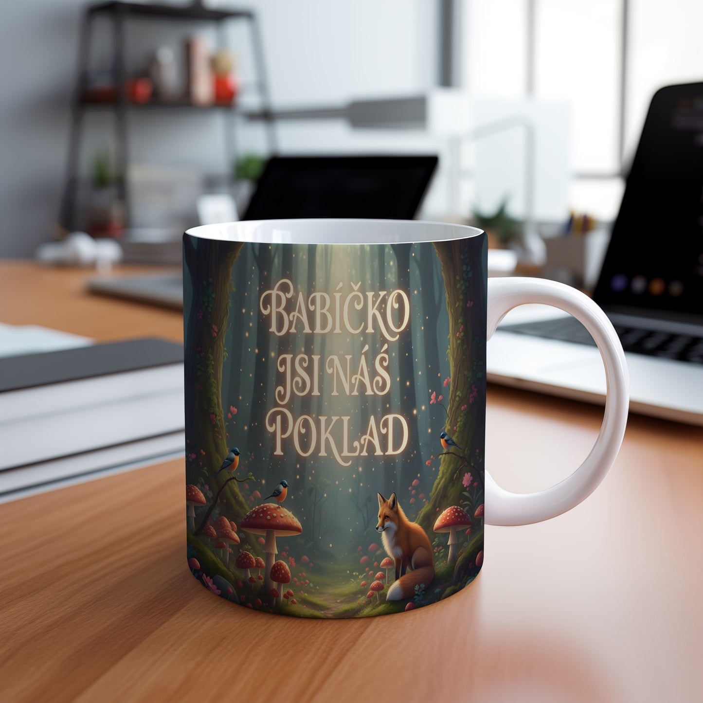 Hrnek s pohádkovým motivem lesa, liškou a ptáčky.