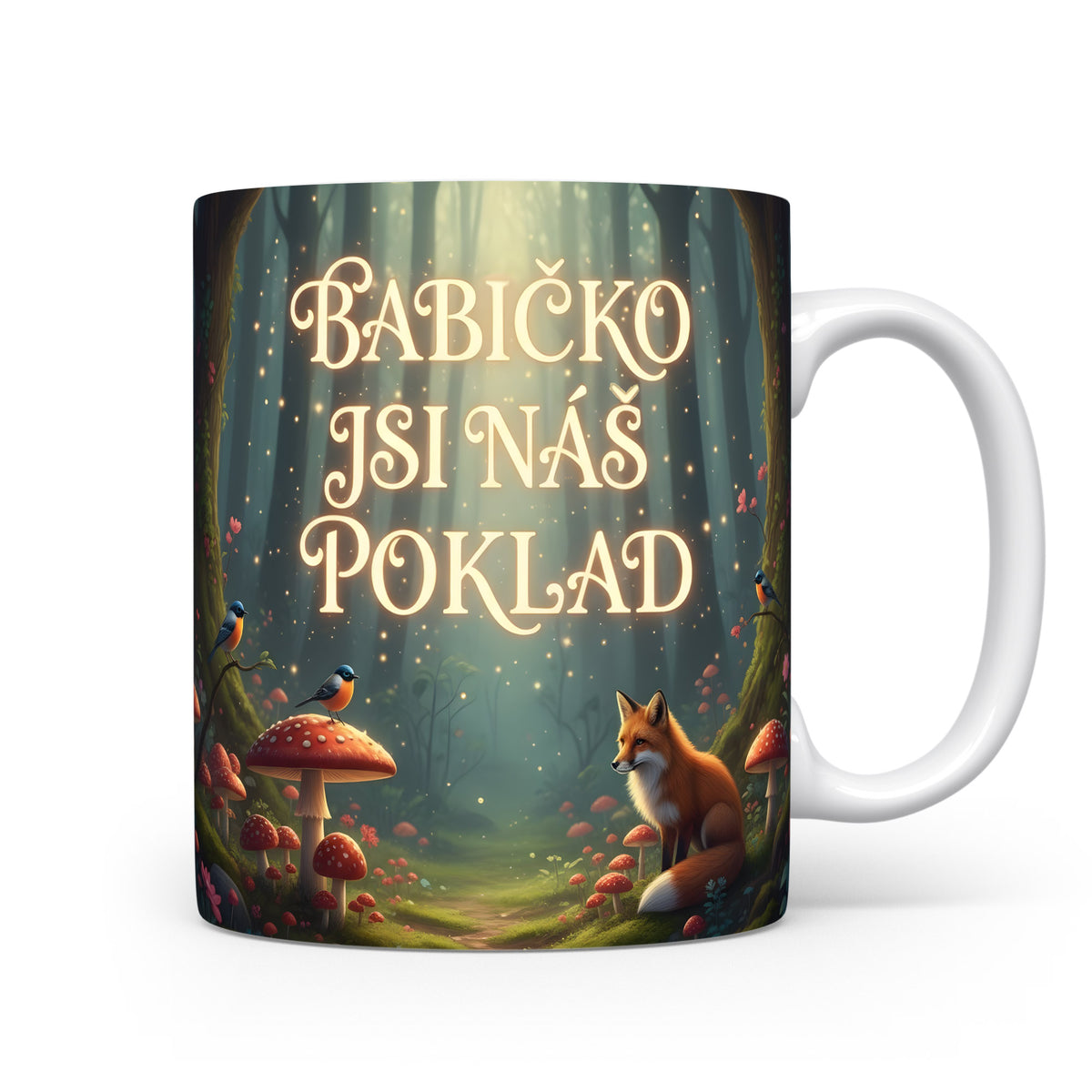 Hrnek s pohádkovou lesní scenérií, liškou a ptáčky.