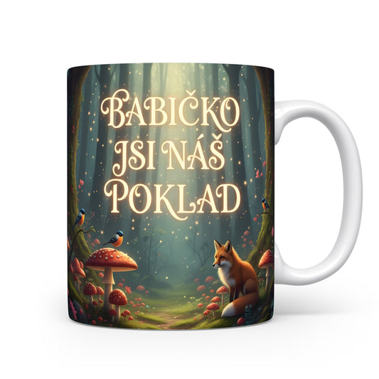 Hrnek s pohádkovou lesní scenérií, liškou a ptáčky.