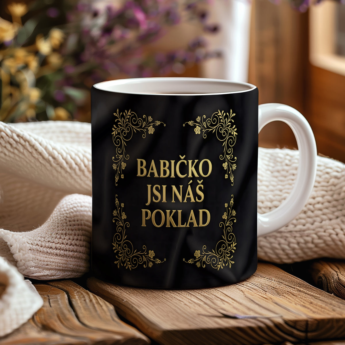 Hrnek s nápisem BABIČKO JSI NÁŠ POKLAD a zlatými ornamenty na černém pozadí.