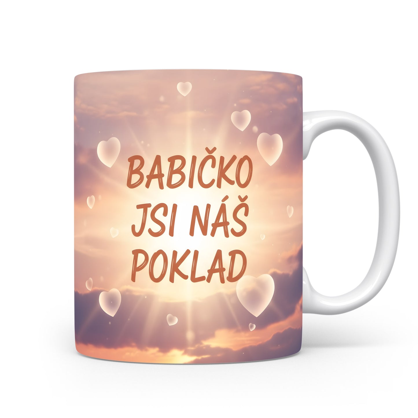 Hrnek s pastelovým pozadím a srdci s nápisem 'BABIČKO JSI NÁŠ POKLAD'.
