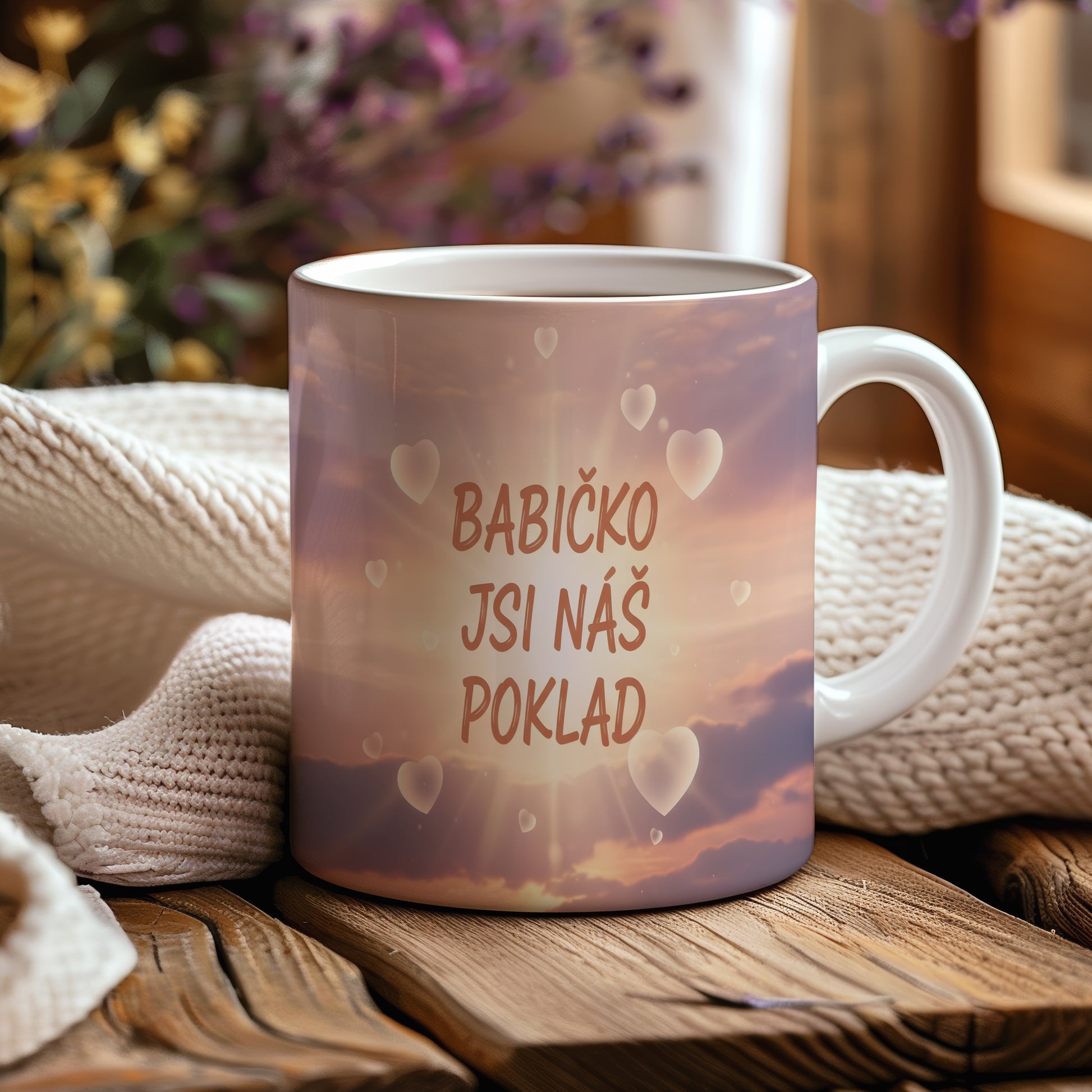 Hrnek s pastelovým pozadím a srdci s nápisem 'BABIČKO JSI NÁŠ POKLAD'.