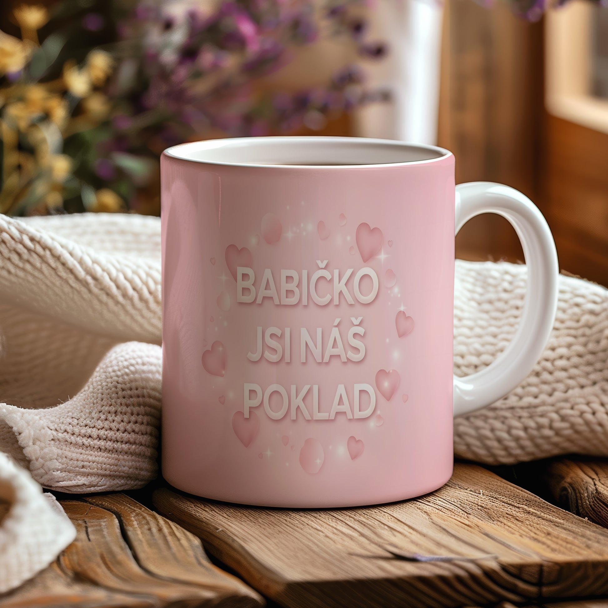 Růžový hrnek se srdíčky a nápisem BABIČKO JSI NÁŠ POKLAD.