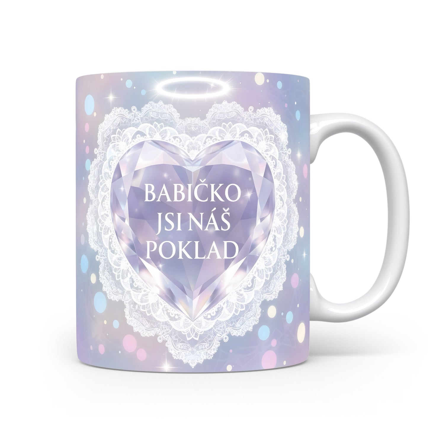 Hrnek s diamantovým srdcem a nápisem BABIČKO JSI NÁŠ POKLAD.