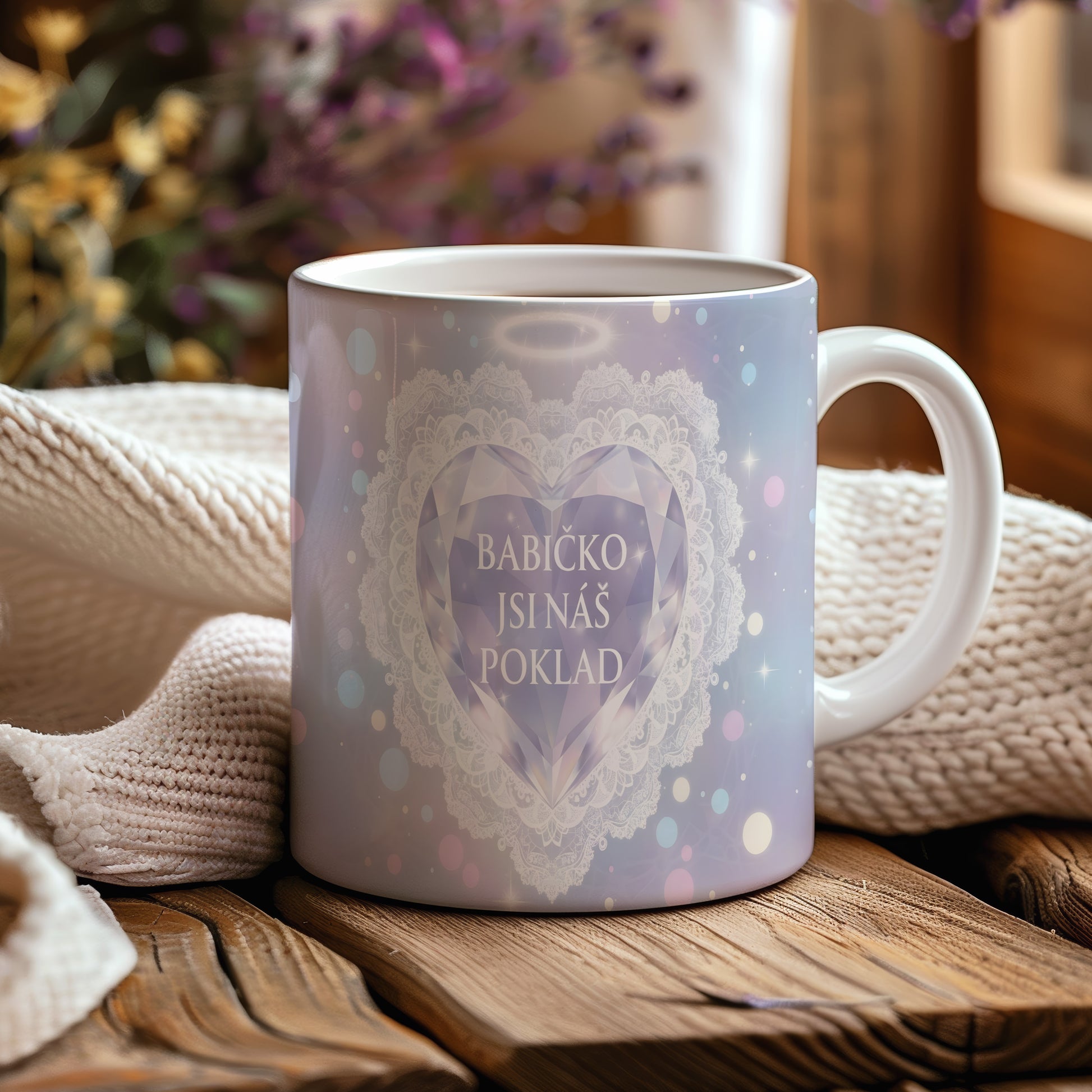 Hrnek s diamantovým srdcem a nápisem BABIČKO JSI NÁŠ POKLAD.