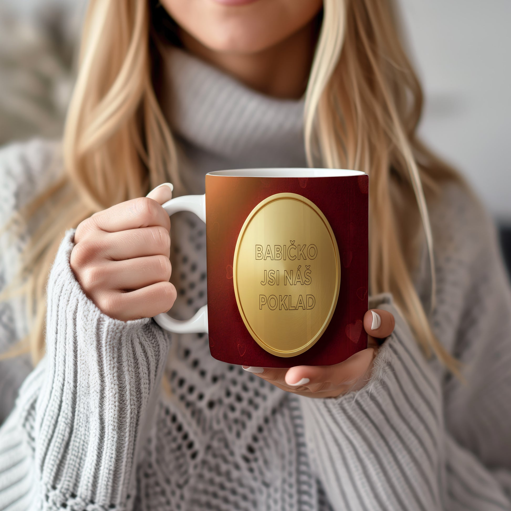 Hrnek s nápisem BABIČKO JSI NÁŠ POKLAD na červeném pozadí se zlatým medailonem.