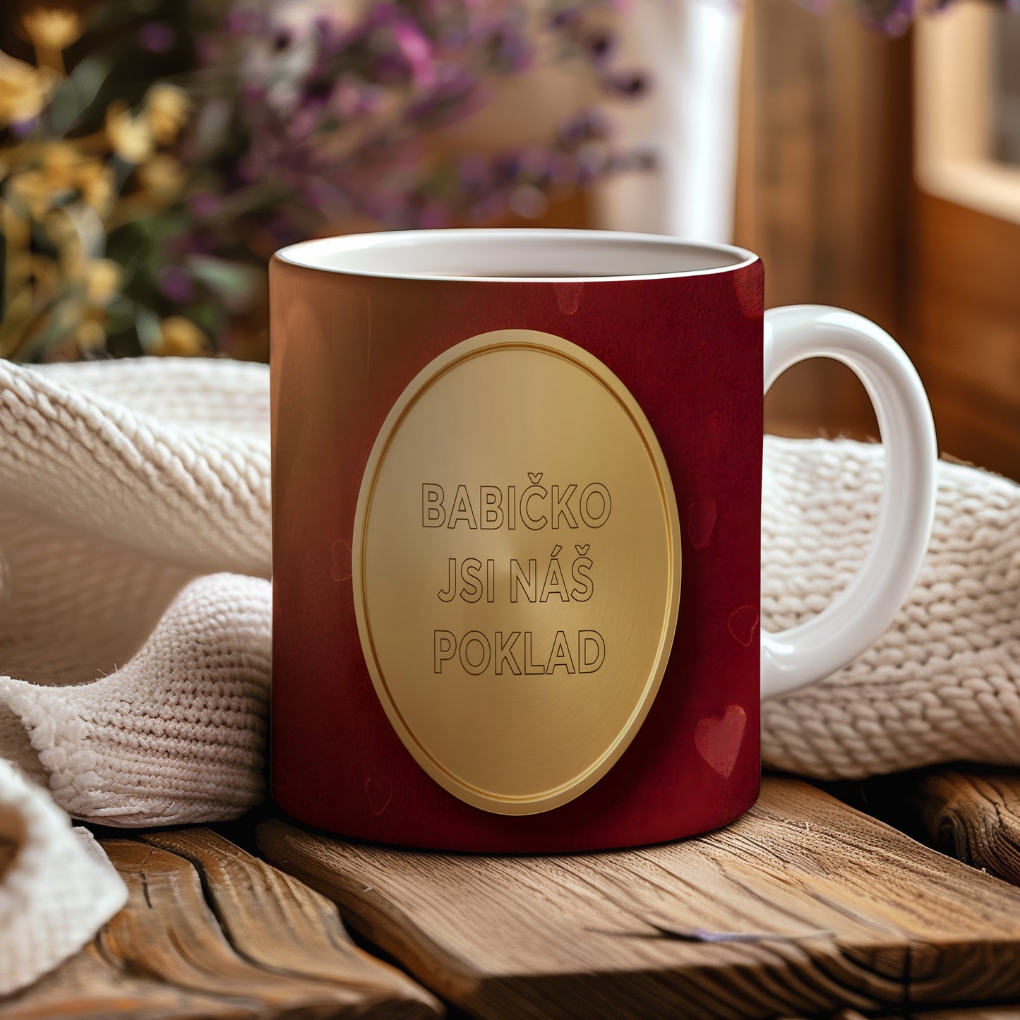 Hrnek s nápisem BABIČKO JSI NÁŠ POKLAD na červeném pozadí se zlatým medailonem.