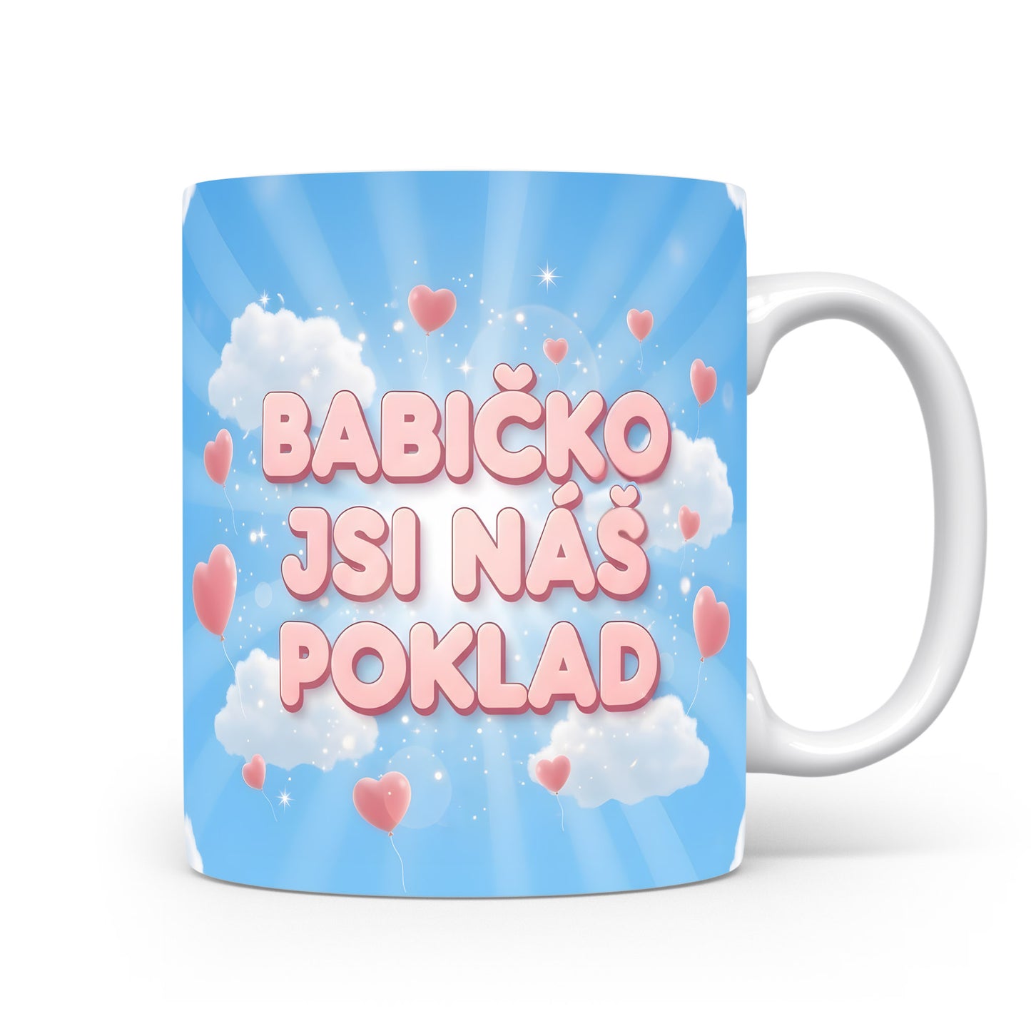 Hrnek s modrým pozadím, bílými mraky a růžovými srdíčky.