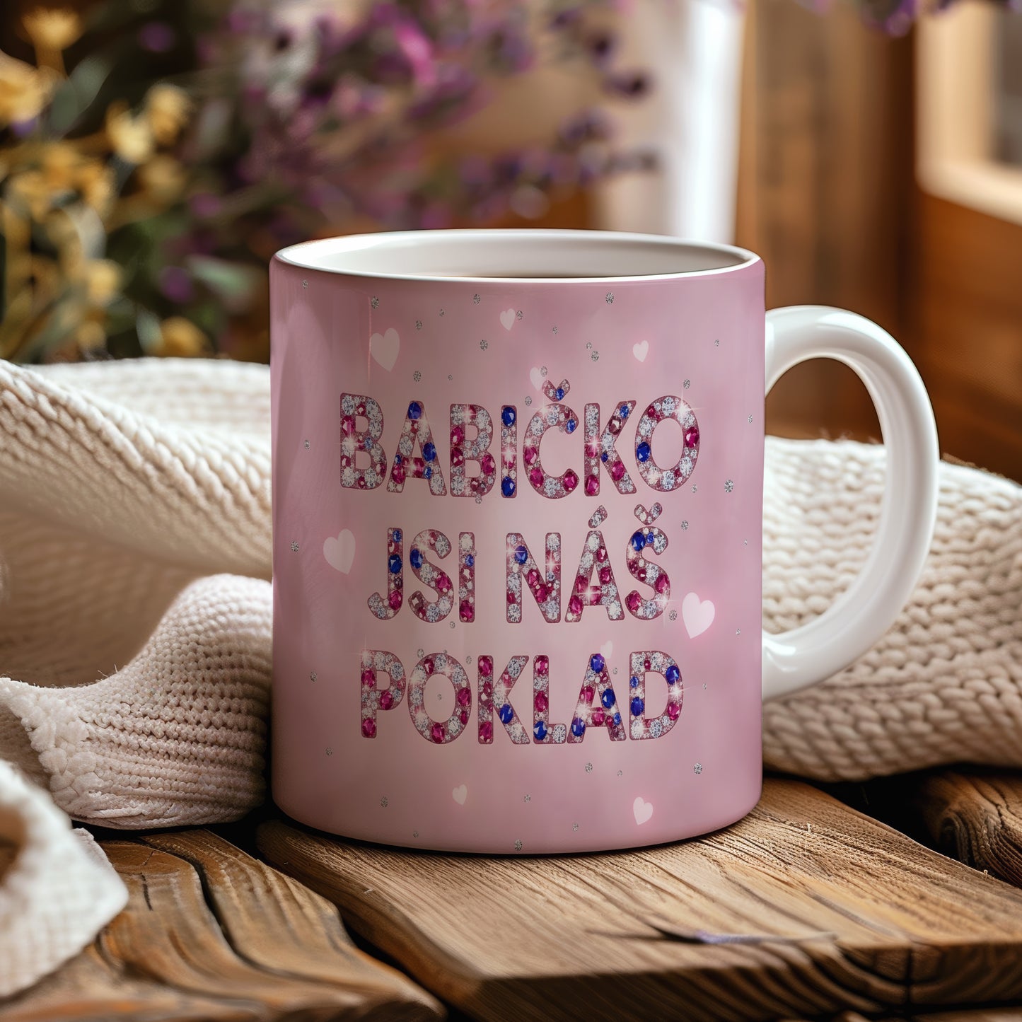 Růžový hrnek s nápisem 'BABIČKO JSI NÁŠ POKLAD' a třpytivými srdíčky.