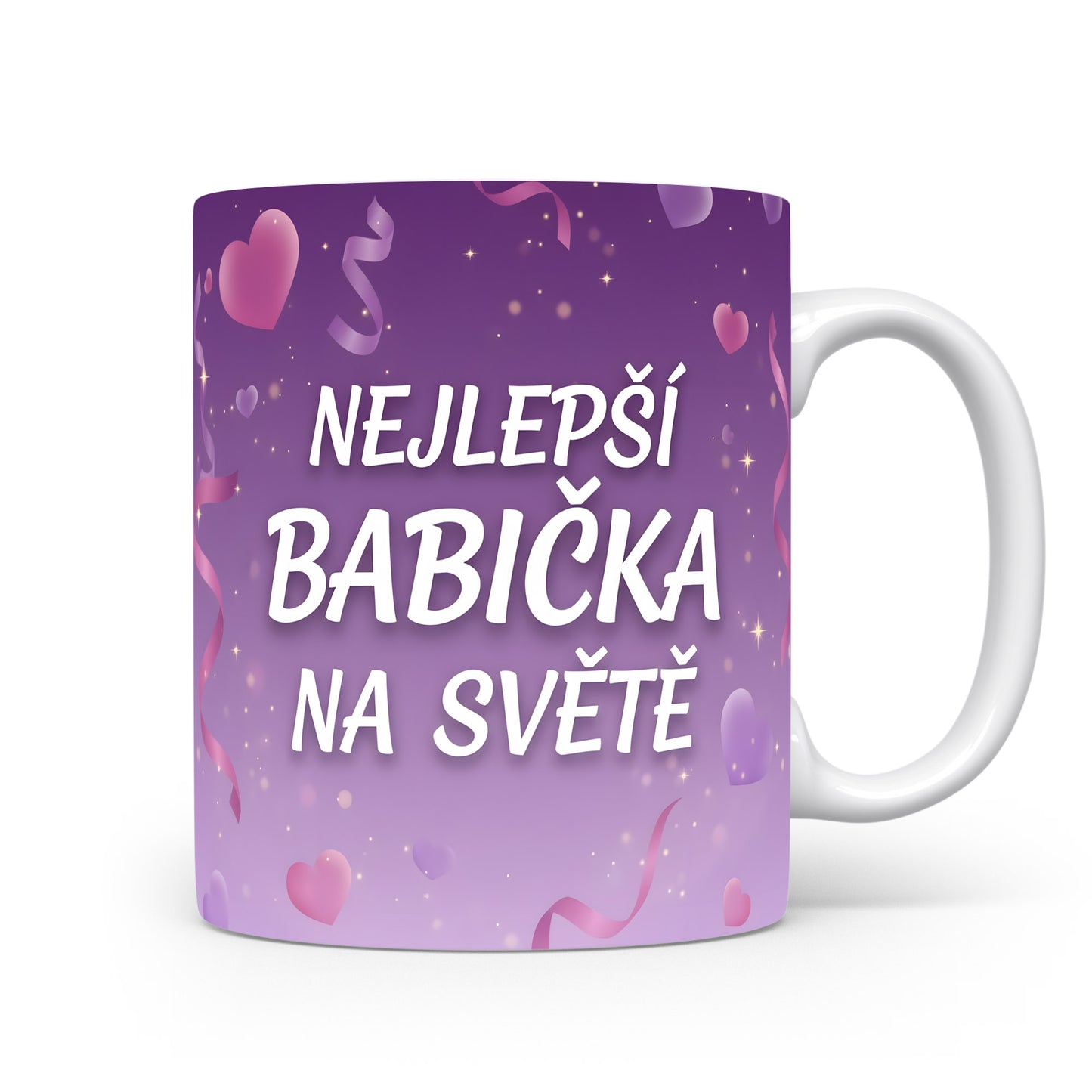 Fialový hrnek s nápisem NEJLEPŠÍ BABIČKA NA SVĚTĚ, srdci a stuhami.